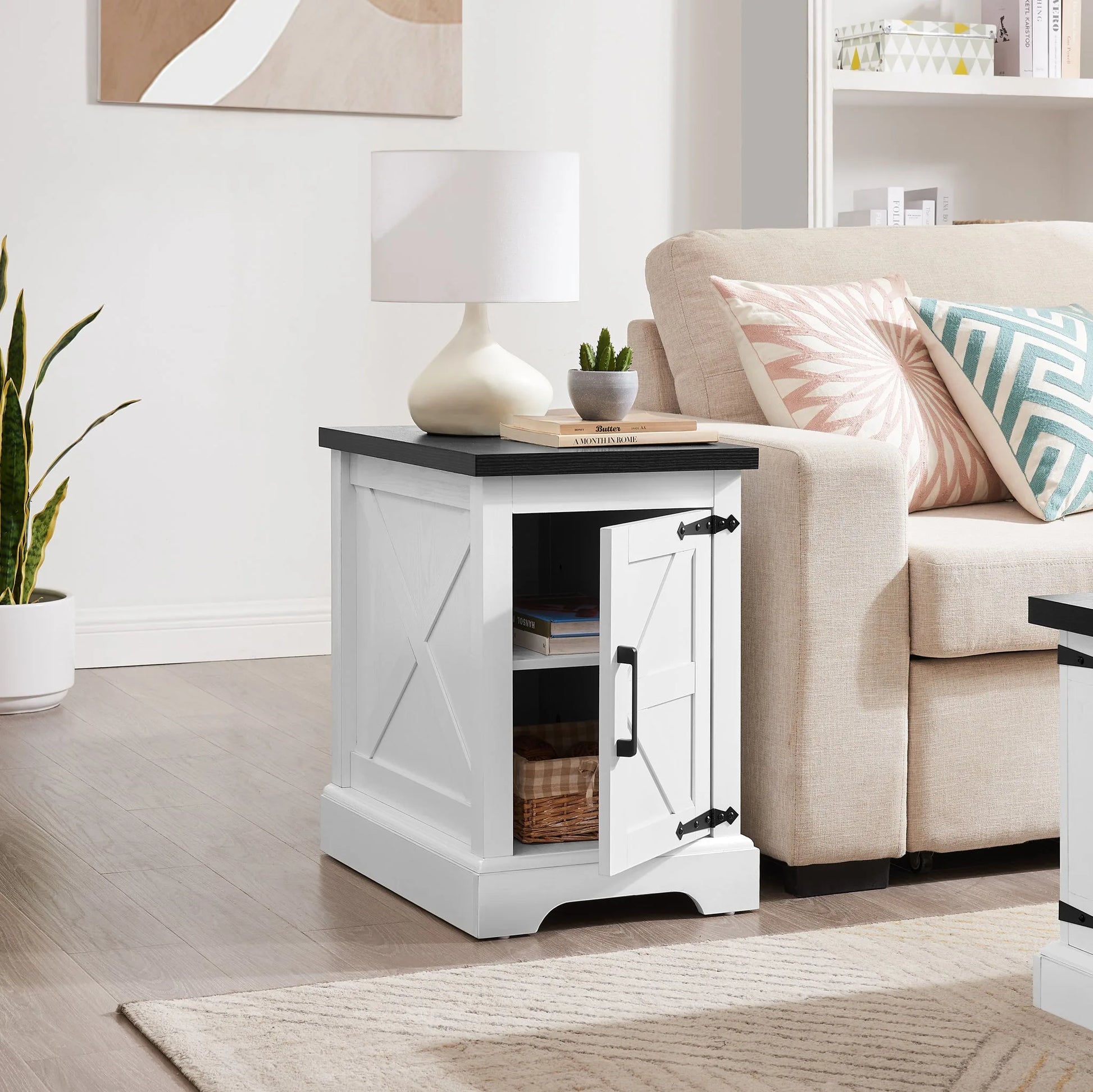 Farmhouse end table Nightstand Rectangular Farmhouse End Table with Barn Door and Adjustable Storage Shelf, Rustic Sofa Side Table for Living Room, Bedroom, OAK detail view 19