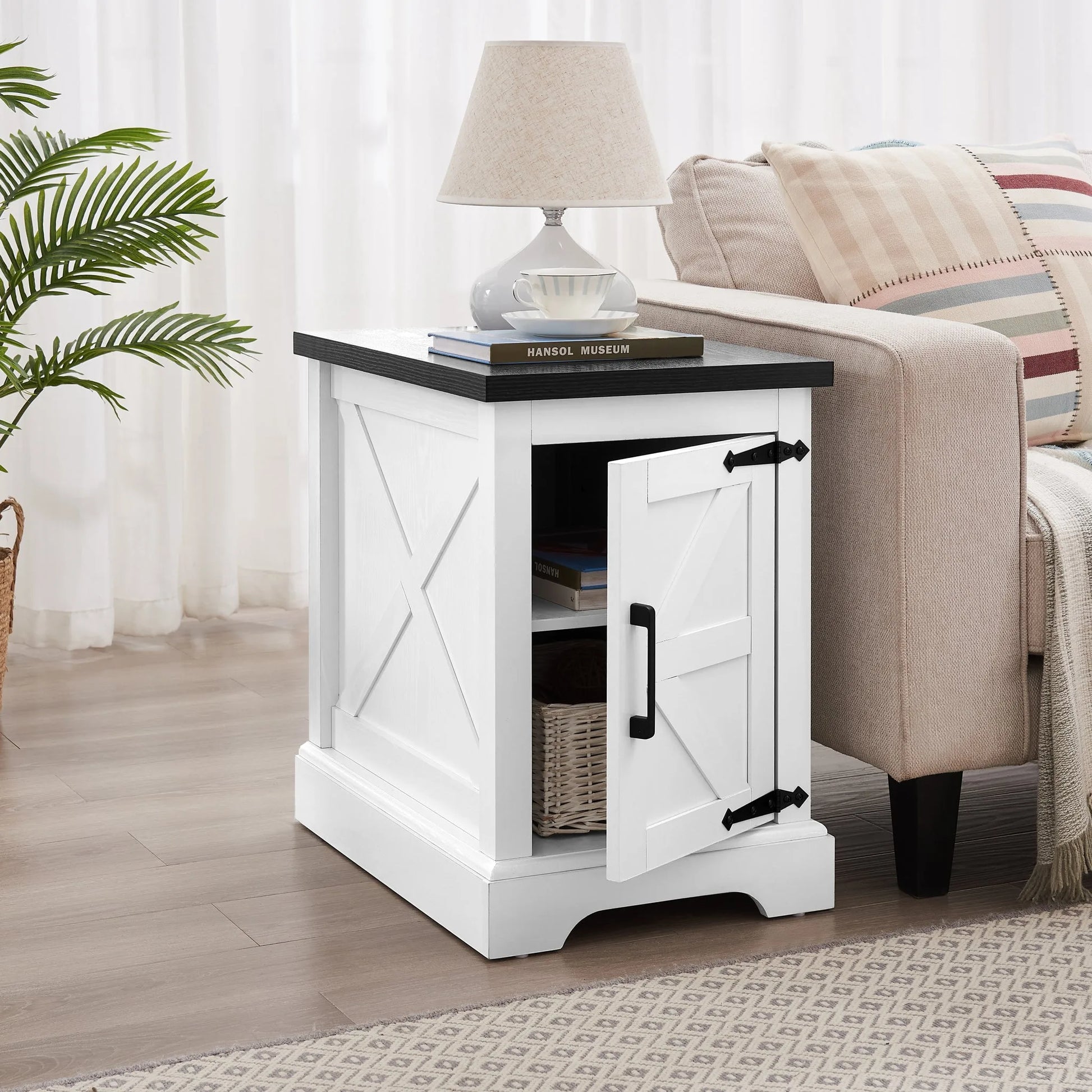 Farmhouse end table Nightstand Rectangular Farmhouse End Table with Barn Door and Adjustable Storage Shelf, Rustic Sofa Side Table for Living Room, Bedroom, OAK detail view 21
