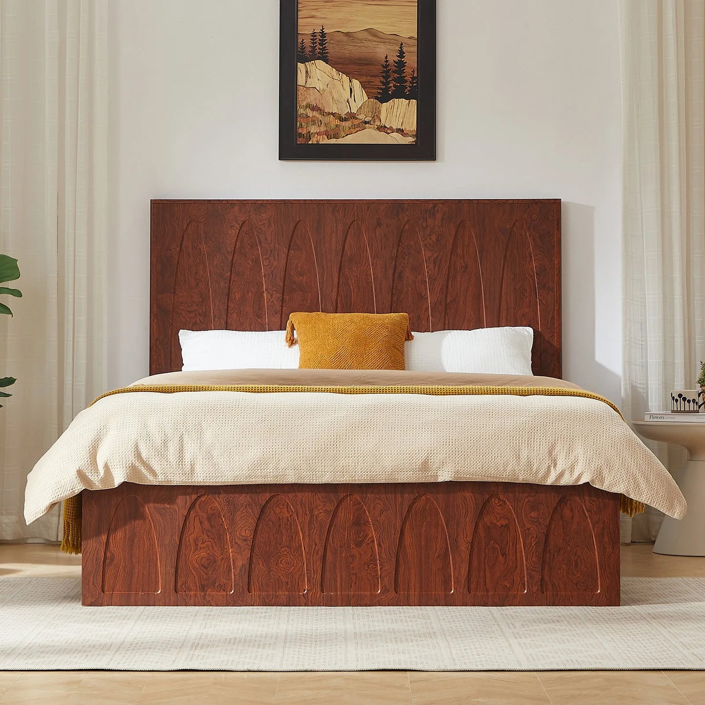 Queen Size Solid Wood Platform Bed Frame with Side Storage Drawers, Curved Headboard Wood Slat Support, No Box Spring Needed, Minimalist Natural Wood Bedroom Bed( Queen) lifestyle view