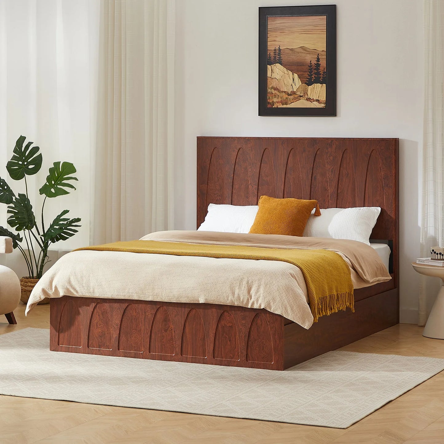 Queen Size Solid Wood Platform Bed Frame with Side Storage Drawers, Curved Headboard Wood Slat Support, No Box Spring Needed, Minimalist Natural Wood Bedroom Bed( Queen) detail view 2