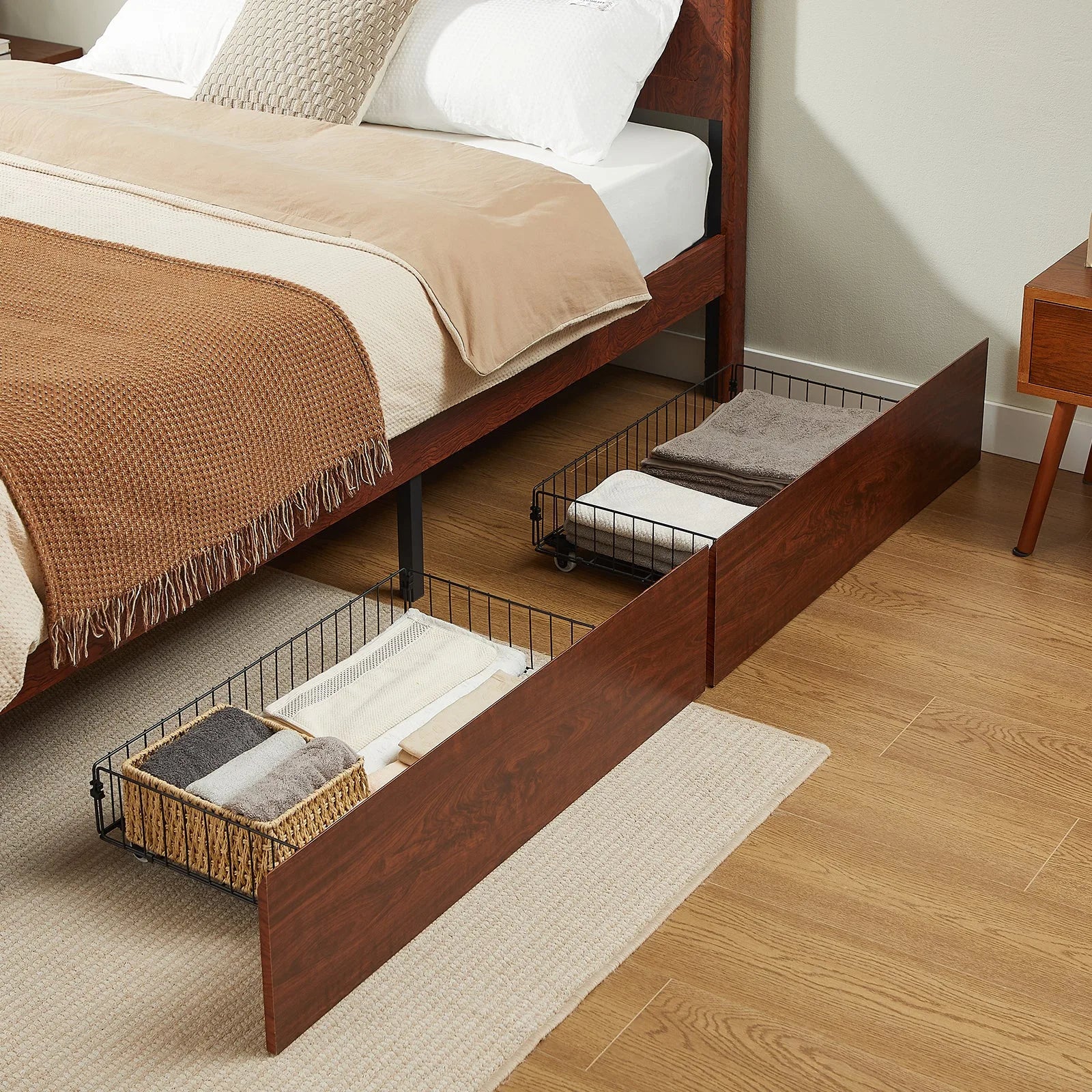 Queen Size Solid Wood Platform Bed Frame with Side Storage Drawers, Curved Headboard Wood Slat Support, No Box Spring Needed, Minimalist Natural Wood Bedroom Bed( Queen) detail view 4