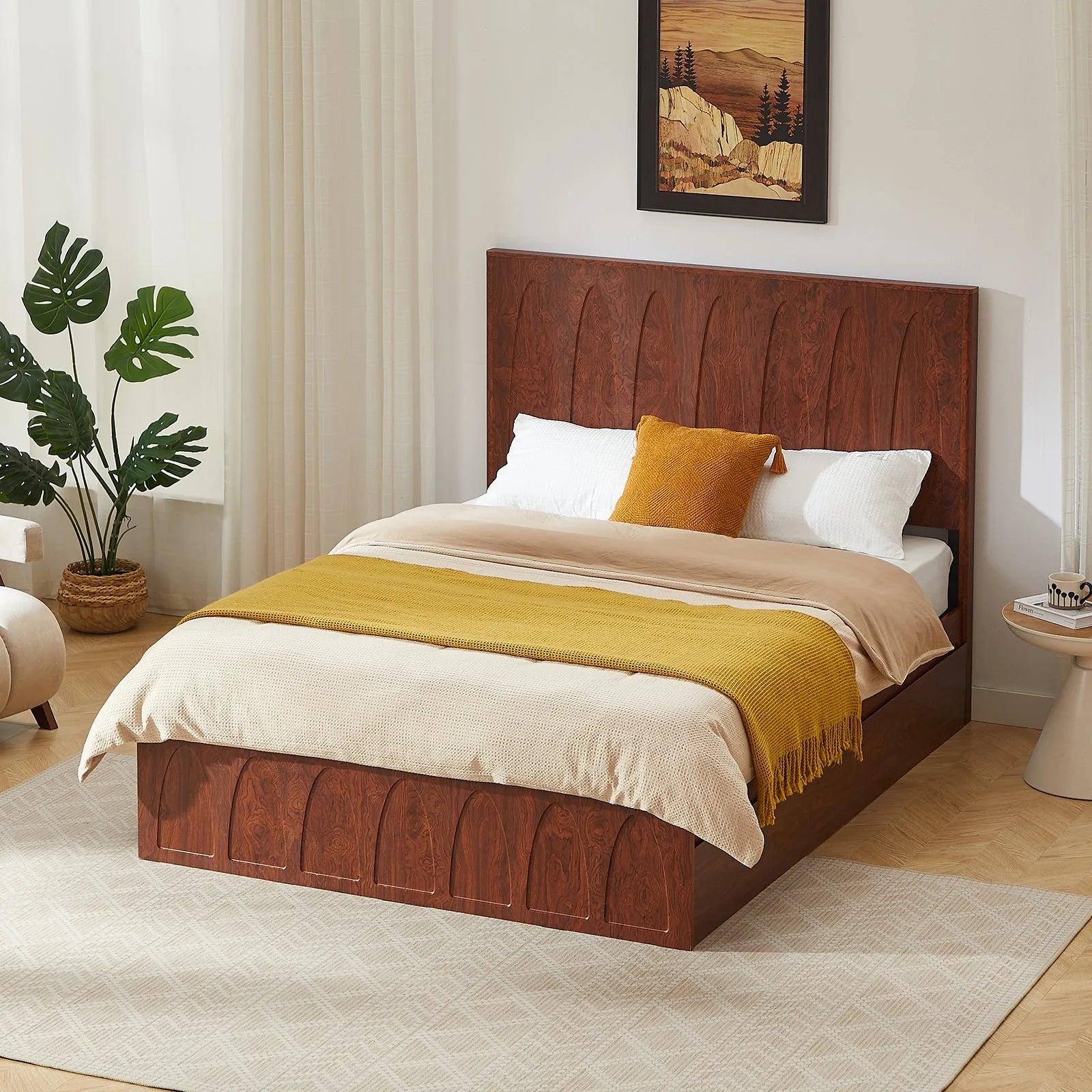 Queen Size Solid Wood Platform Bed Frame with Side Storage Drawers, Curved Headboard Wood Slat Support, No Box Spring Needed, Minimalist Natural Wood Bedroom Bed( Queen) detail view 9