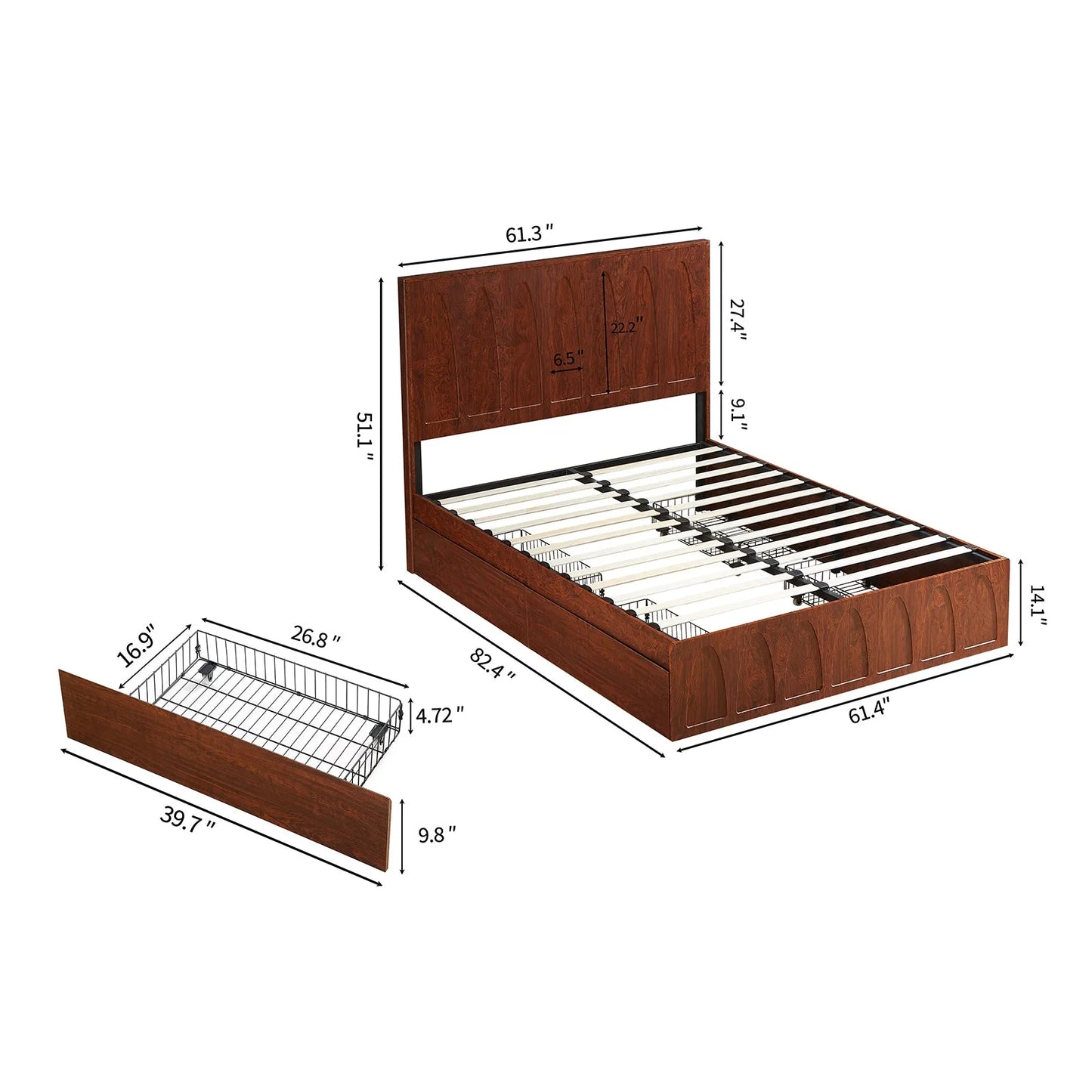 Queen Size Solid Wood Platform Bed Frame with Side Storage Drawers, Curved Headboard Wood Slat Support, No Box Spring Needed, Minimalist Natural Wood Bedroom Bed( Queen) detail view 11