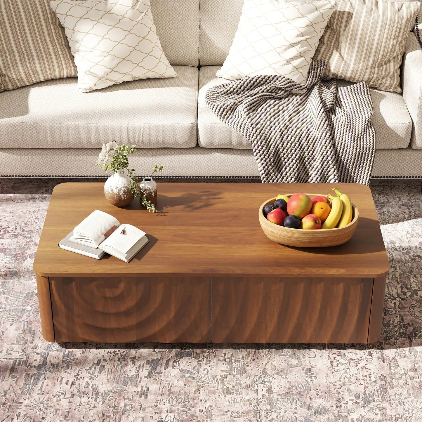 47'' Rectangle Coffee Table With Storage Mid Century Farmhouse Square Spiral Grain Coffee Tables Walnut For Living Room Coffee Table With 2 Drawers (Brown) lifestyle view