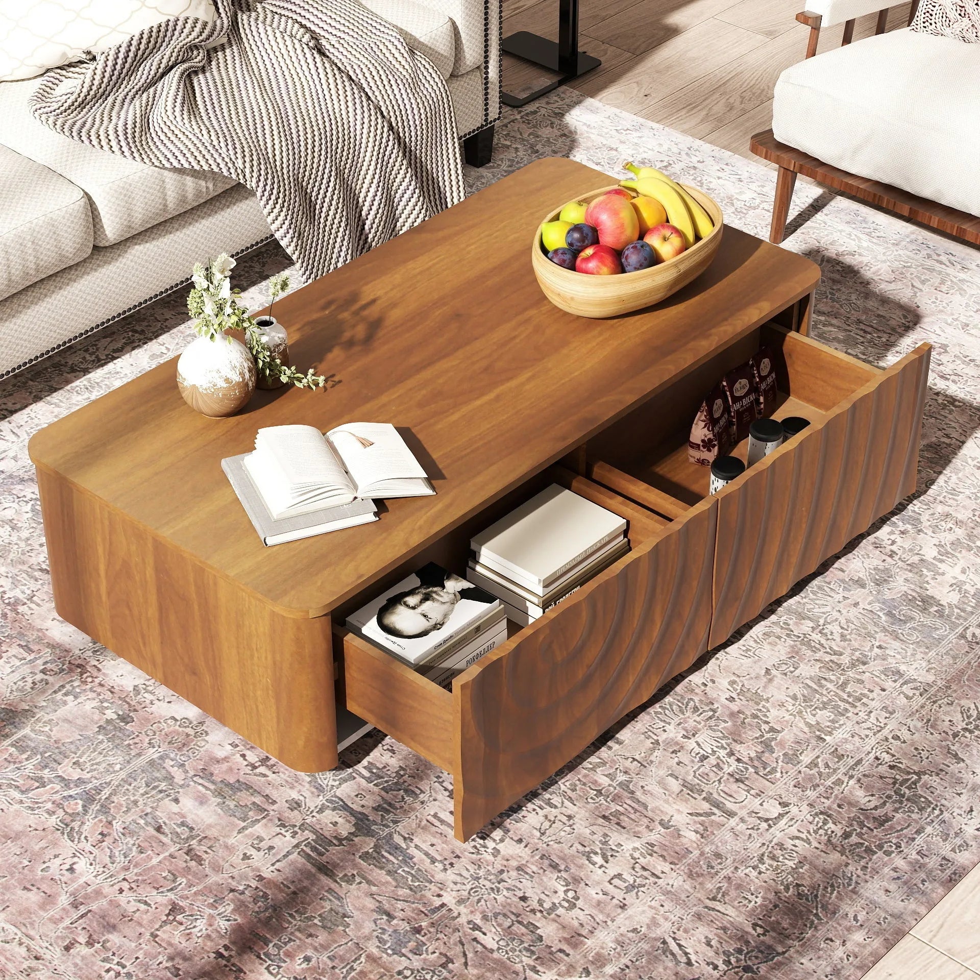 47'' Rectangle Coffee Table With Storage Mid Century Farmhouse Square Spiral Grain Coffee Tables Walnut For Living Room Coffee Table With 2 Drawers (Brown) detail view 2