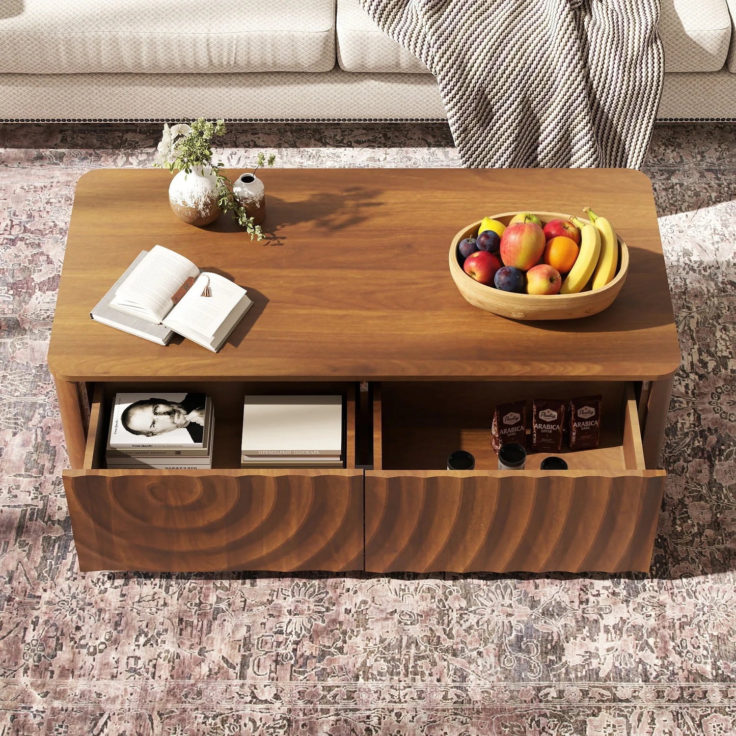 47'' Rectangle Coffee Table With Storage Mid Century Farmhouse Square Spiral Grain Coffee Tables Walnut For Living Room Coffee Table With 2 Drawers (Brown) detail view 3