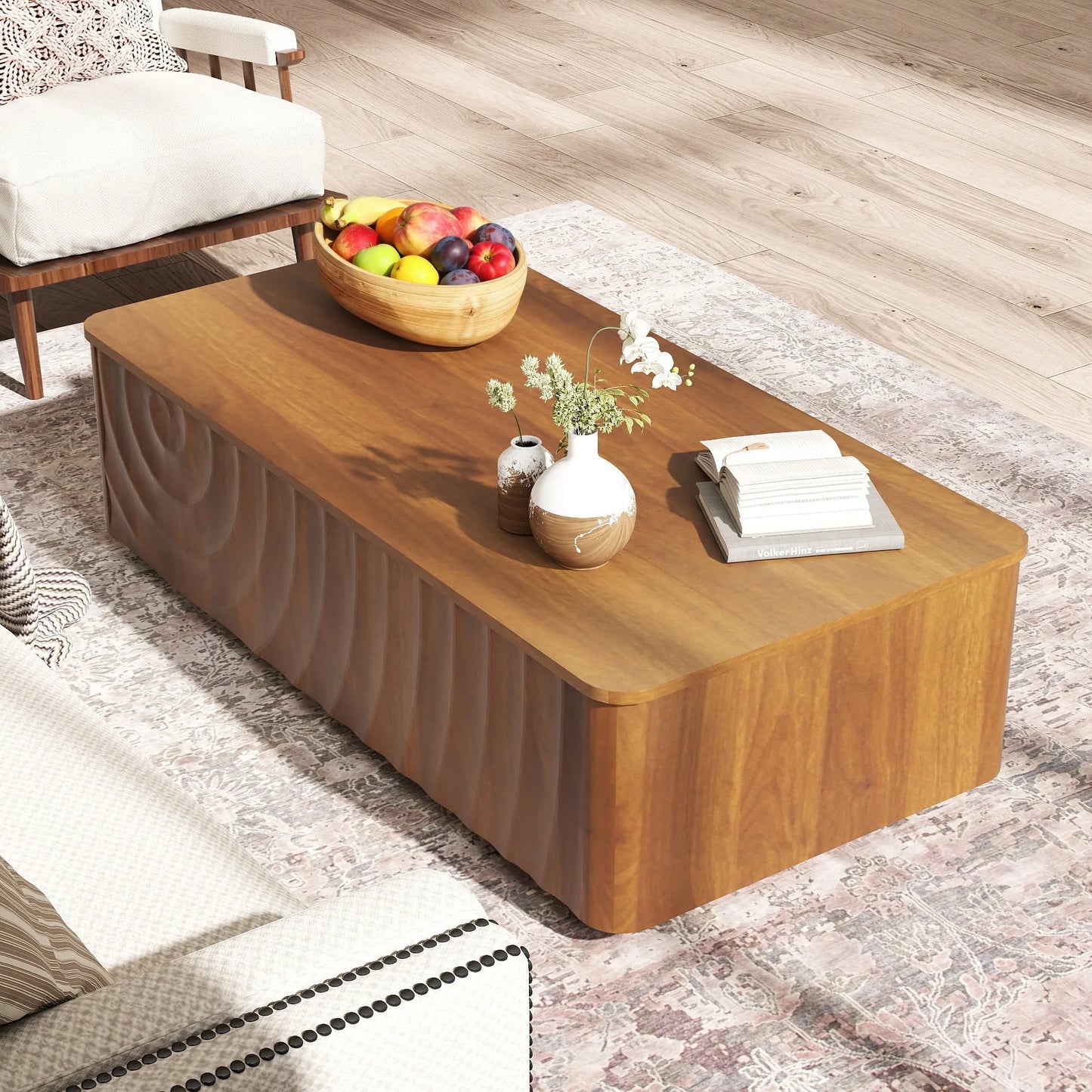 47'' Rectangle Coffee Table With Storage Mid Century Farmhouse Square Spiral Grain Coffee Tables Walnut For Living Room Coffee Table With 2 Drawers (Brown) detail view 4