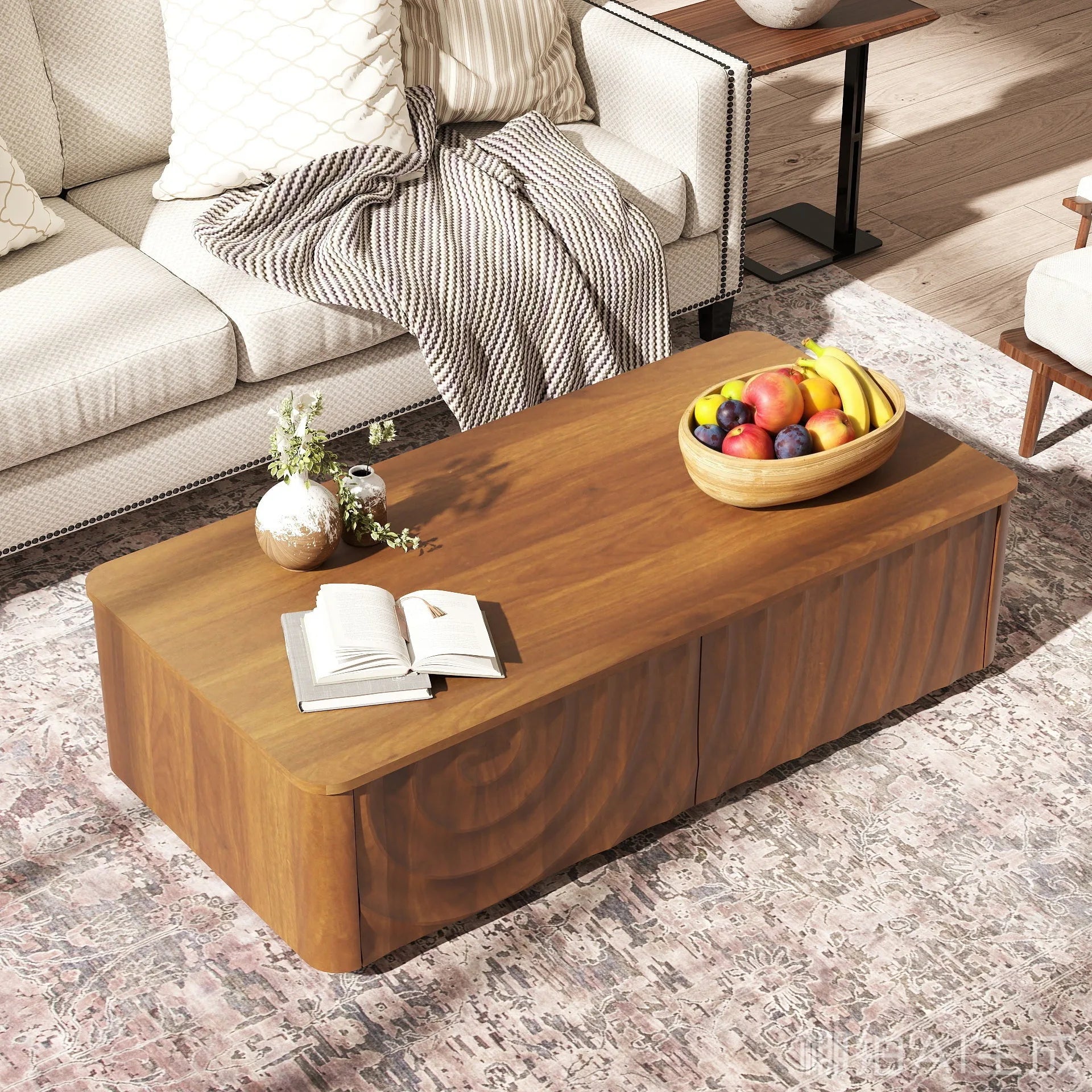 47'' Rectangle Coffee Table With Storage Mid Century Farmhouse Square Spiral Grain Coffee Tables Walnut For Living Room Coffee Table With 2 Drawers (Brown) detail view 5