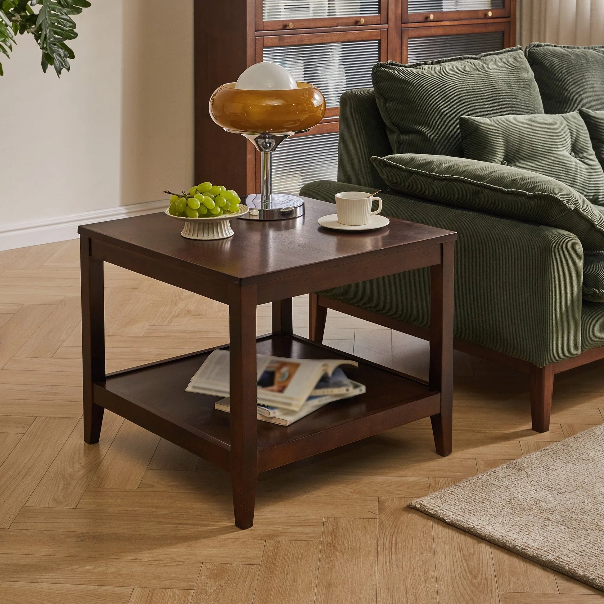 Solid Wood End Table, 2-Tier Square Side Table with Storage Shelf, Wooden Nightstand for Living Room Bedroom, Small Coffee Table lifestyle view