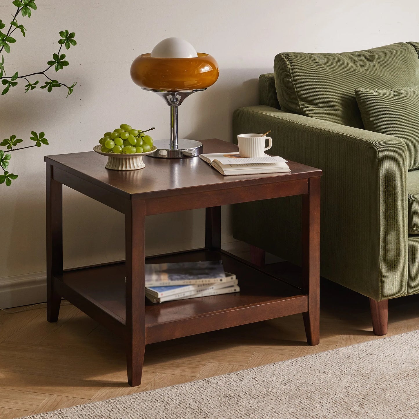 Solid Wood End Table, 2-Tier Square Side Table with Storage Shelf, Wooden Nightstand for Living Room Bedroom, Small Coffee Table detail view 2