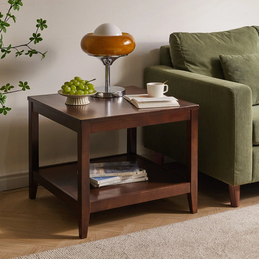 Solid Wood End Table, 2-Tier Square Side Table with Storage Shelf, Wooden Nightstand for Living Room Bedroom, Small Coffee Table detail view 2