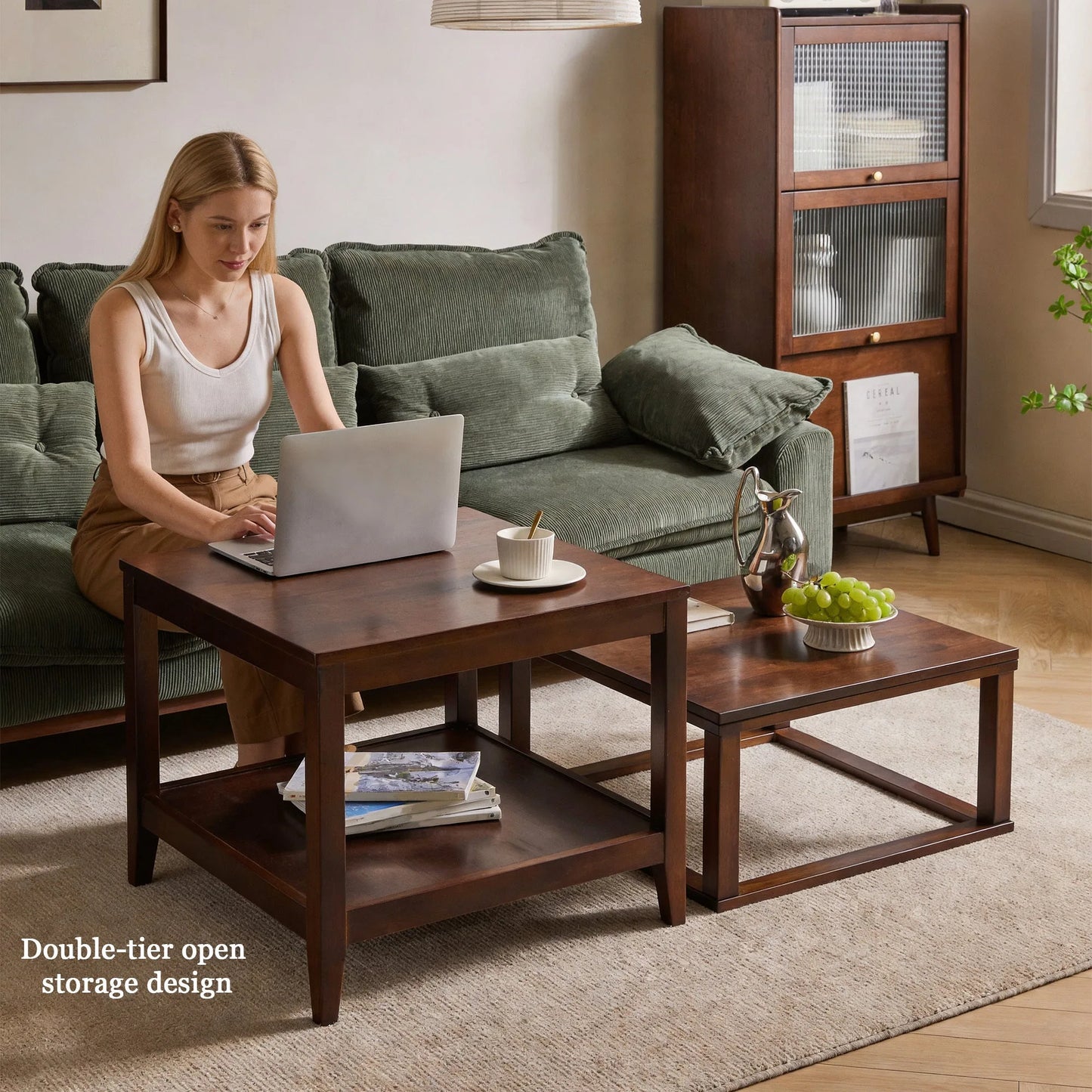Solid Wood End Table, 2-Tier Square Side Table with Storage Shelf, Wooden Nightstand for Living Room Bedroom, Small Coffee Table detail view 3