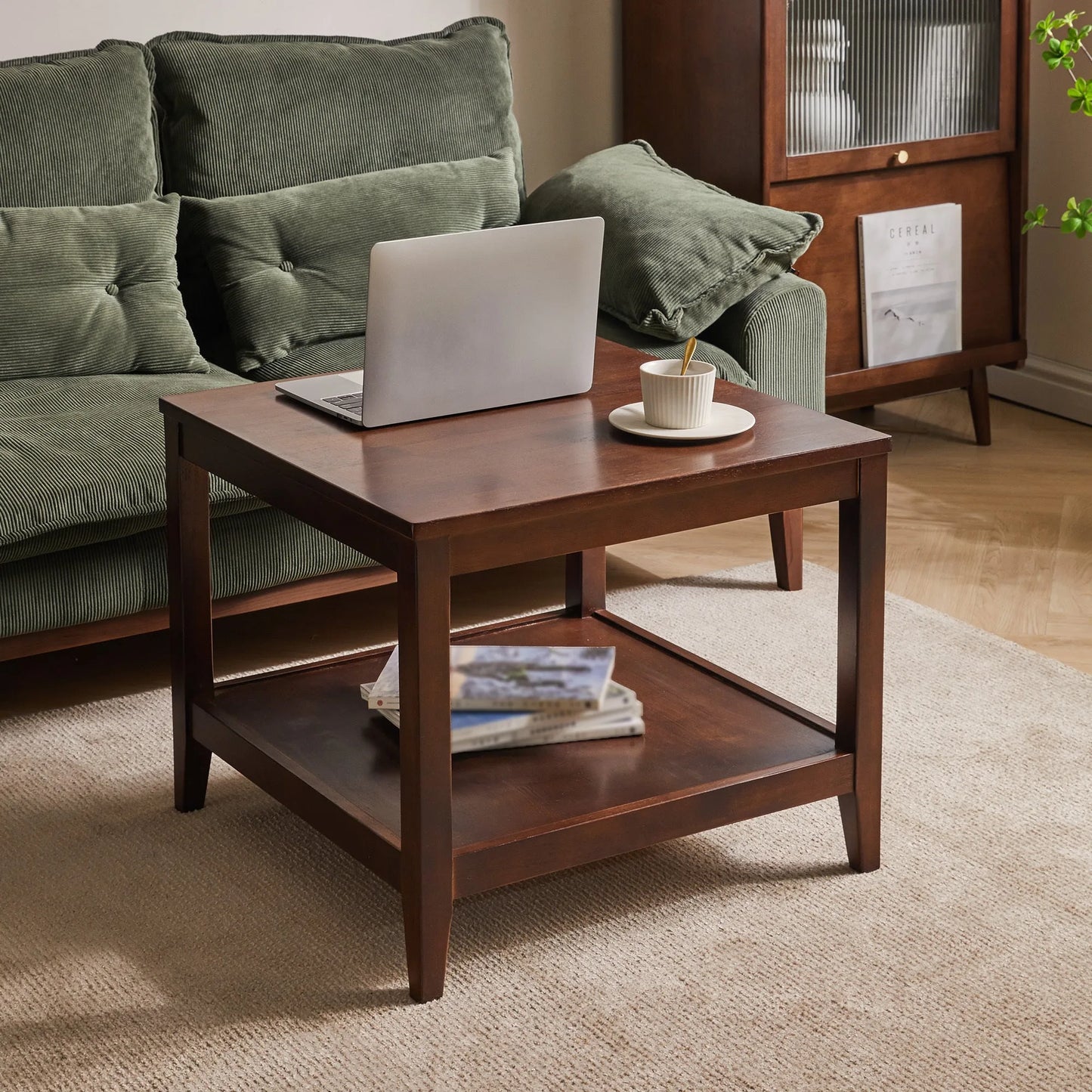 Solid Wood End Table, 2-Tier Square Side Table with Storage Shelf, Wooden Nightstand for Living Room Bedroom, Small Coffee Table detail view 5