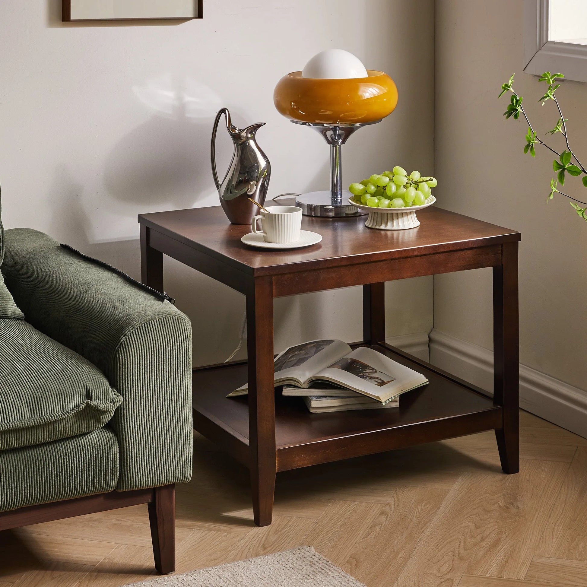 Solid Wood End Table, 2-Tier Square Side Table with Storage Shelf, Wooden Nightstand for Living Room Bedroom, Small Coffee Table detail view 6