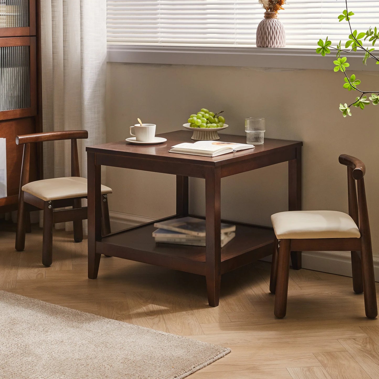 Solid Wood End Table, 2-Tier Square Side Table with Storage Shelf, Wooden Nightstand for Living Room Bedroom, Small Coffee Table detail view 7