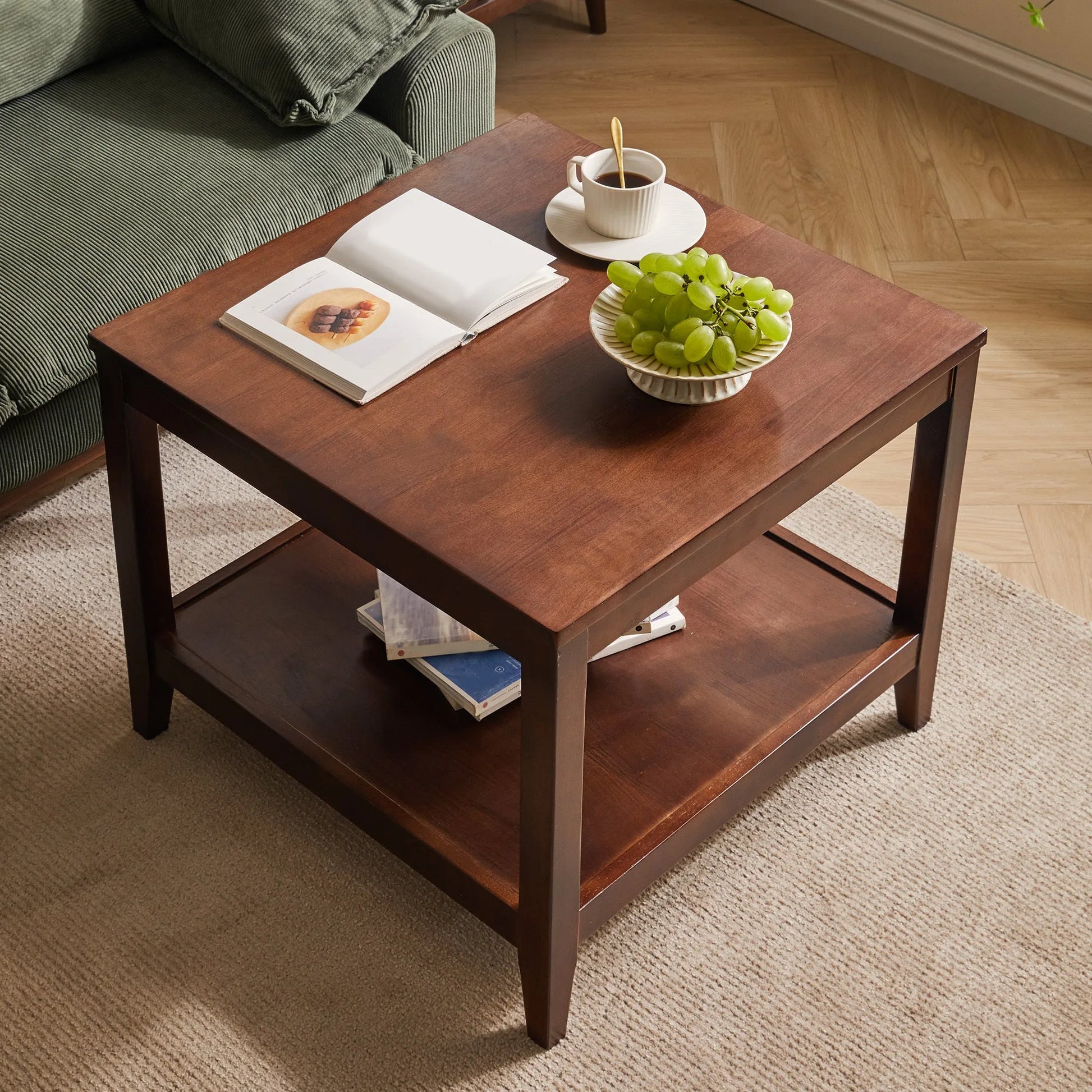 Solid Wood End Table, 2-Tier Square Side Table with Storage Shelf, Wooden Nightstand for Living Room Bedroom, Small Coffee Table detail view 10