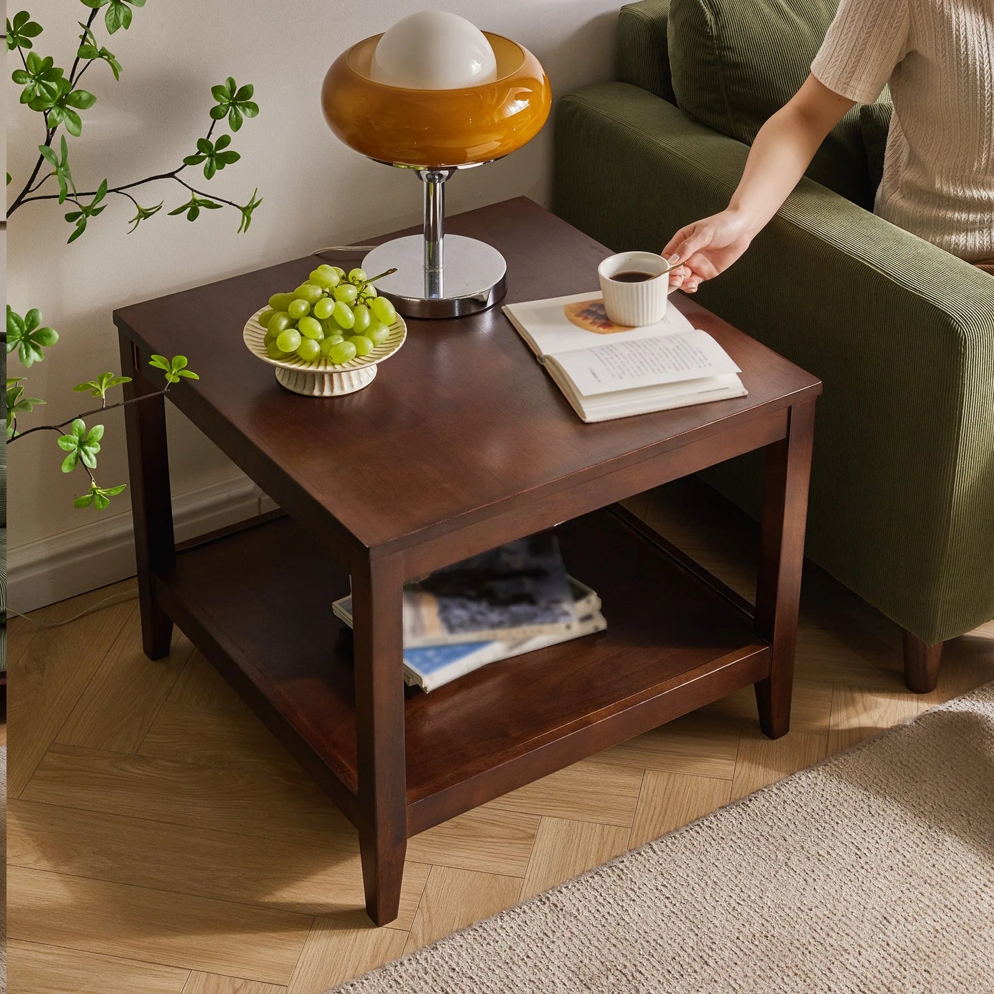 Solid Wood End Table, 2-Tier Square Side Table with Storage Shelf, Wooden Nightstand for Living Room Bedroom, Small Coffee Table detail view 13