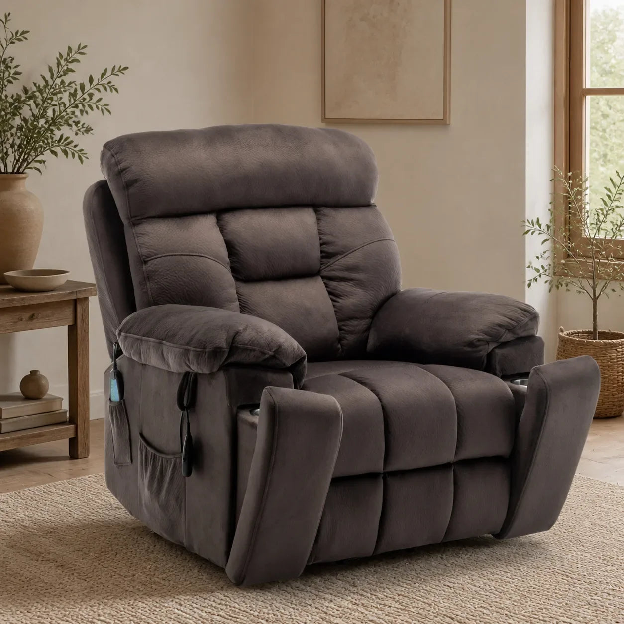 Power lift recliner in a calm living room lifestyle scene