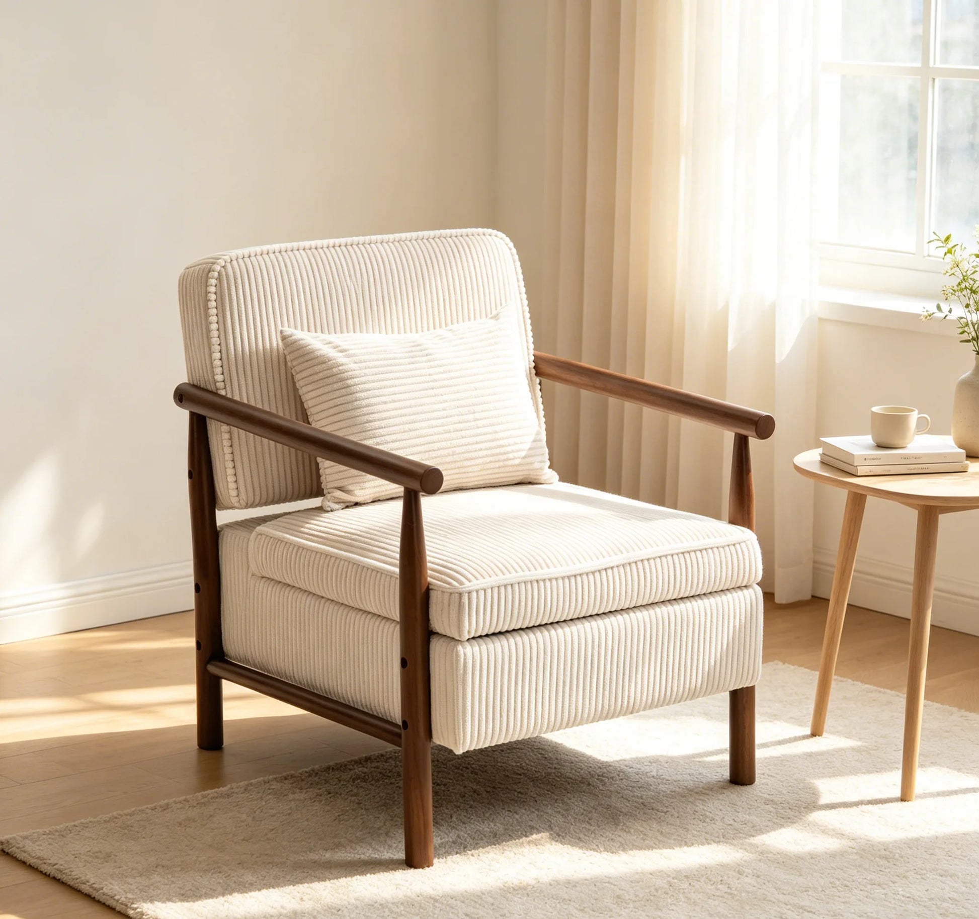 Storage Chair, Mid Century Modern Accent Chair with Solid Wood Frame, Upholstered Living Room Chairs with Waist Cushion, Reading Armchair for Bedroom Sunroom lifestyle view
