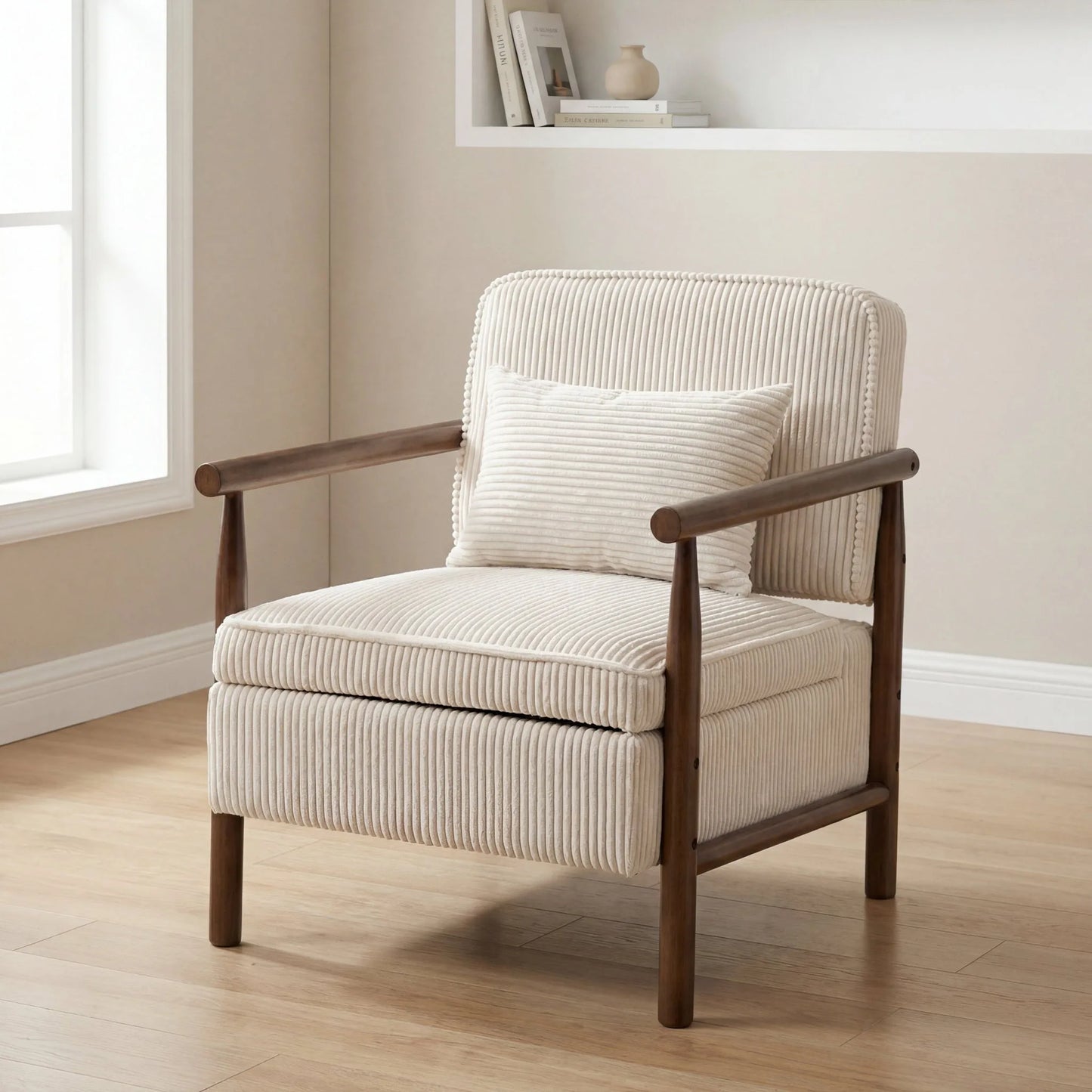 Storage Chair, Mid Century Modern Accent Chair with Solid Wood Frame, Upholstered Living Room Chairs with Waist Cushion, Reading Armchair for Bedroom Sunroom detail view 2