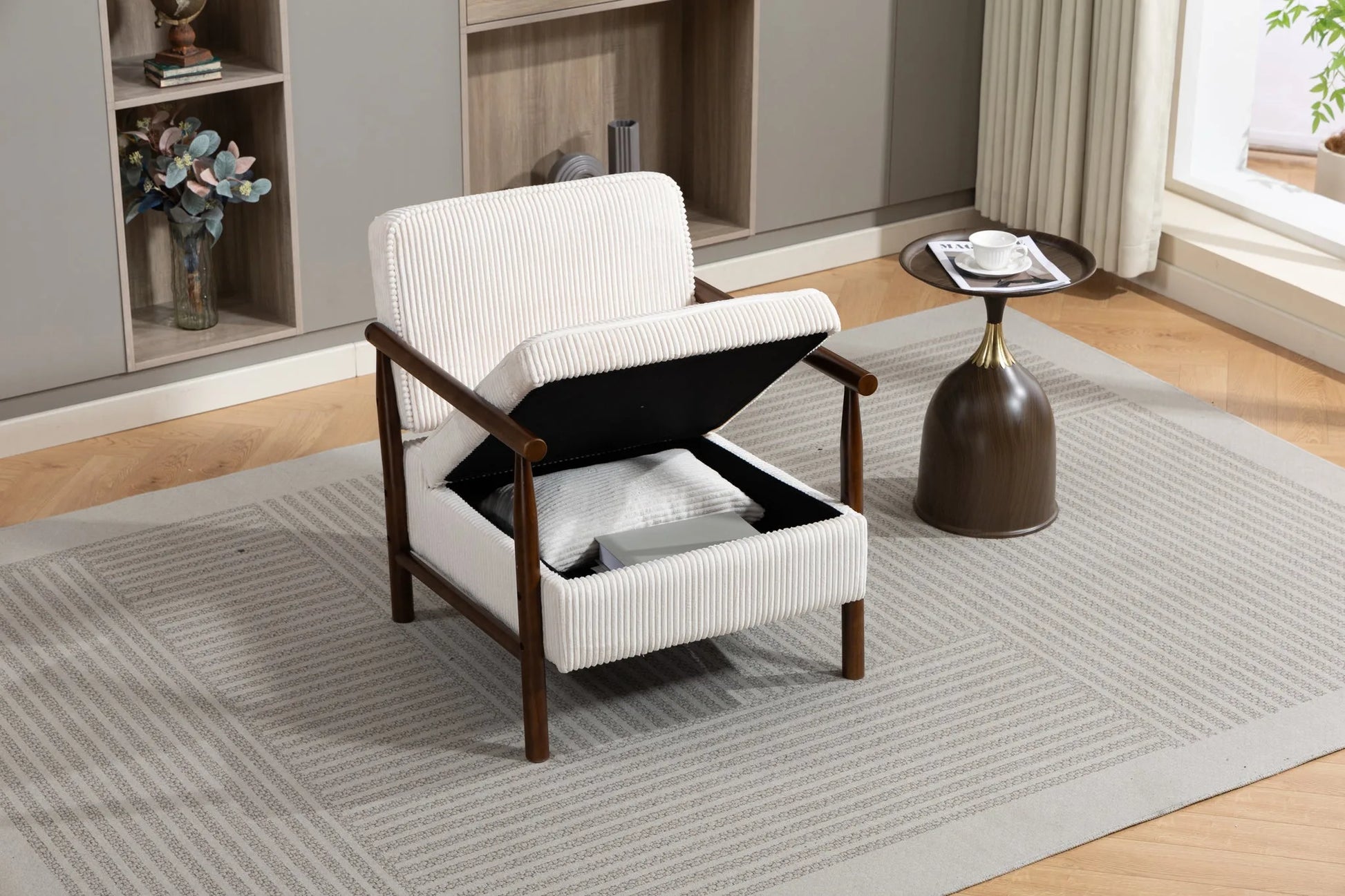 Storage Chair, Mid Century Modern Accent Chair with Solid Wood Frame, Upholstered Living Room Chairs with Waist Cushion, Reading Armchair for Bedroom Sunroom detail view 12
