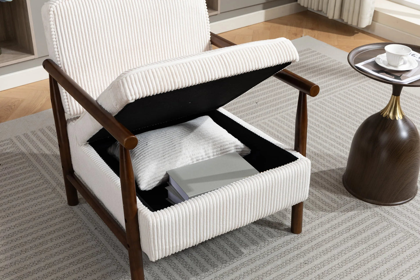 Storage Chair, Mid Century Modern Accent Chair with Solid Wood Frame, Upholstered Living Room Chairs with Waist Cushion, Reading Armchair for Bedroom Sunroom detail view 13