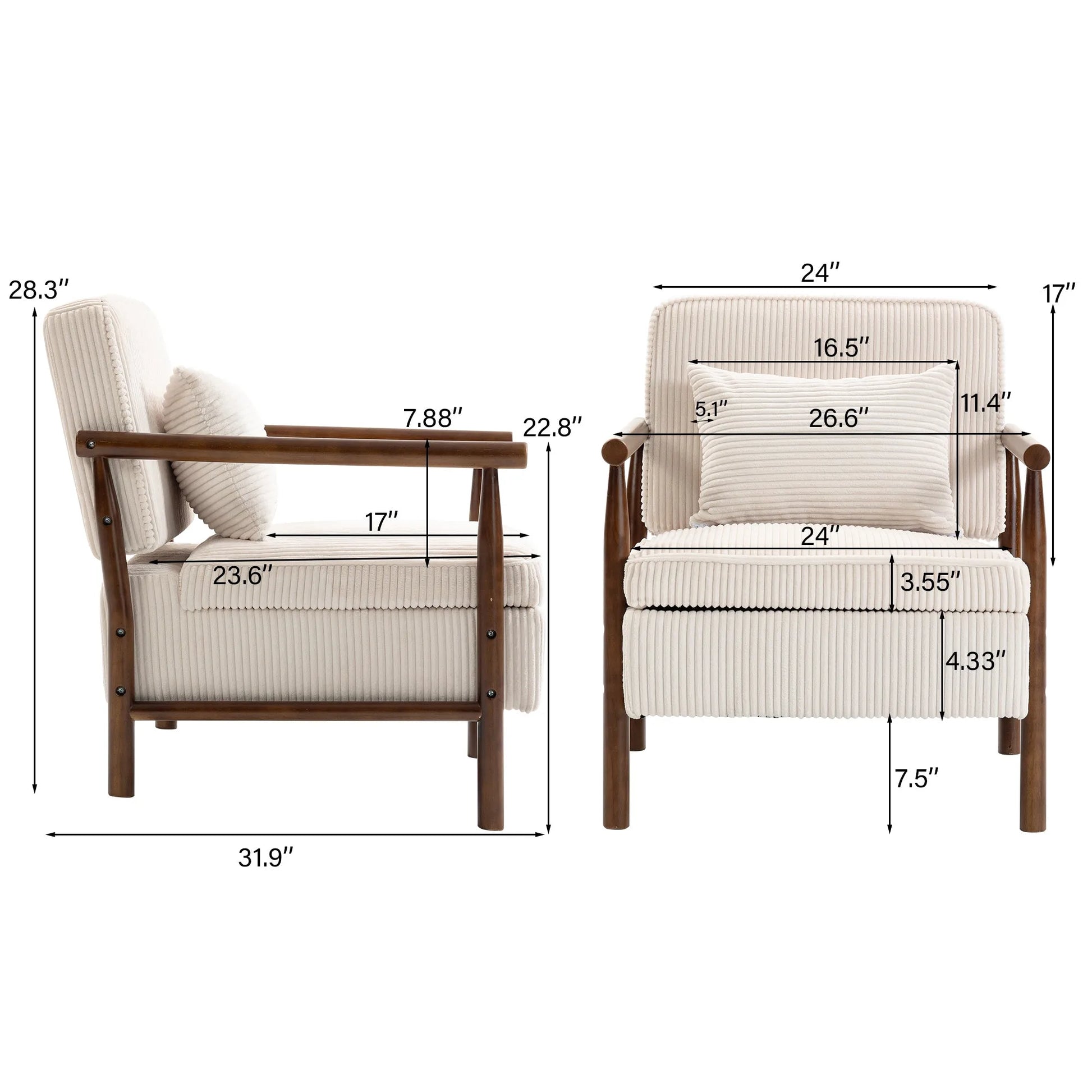 Storage Chair, Mid Century Modern Accent Chair with Solid Wood Frame, Upholstered Living Room Chairs with Waist Cushion, Reading Armchair for Bedroom Sunroom detail view 19