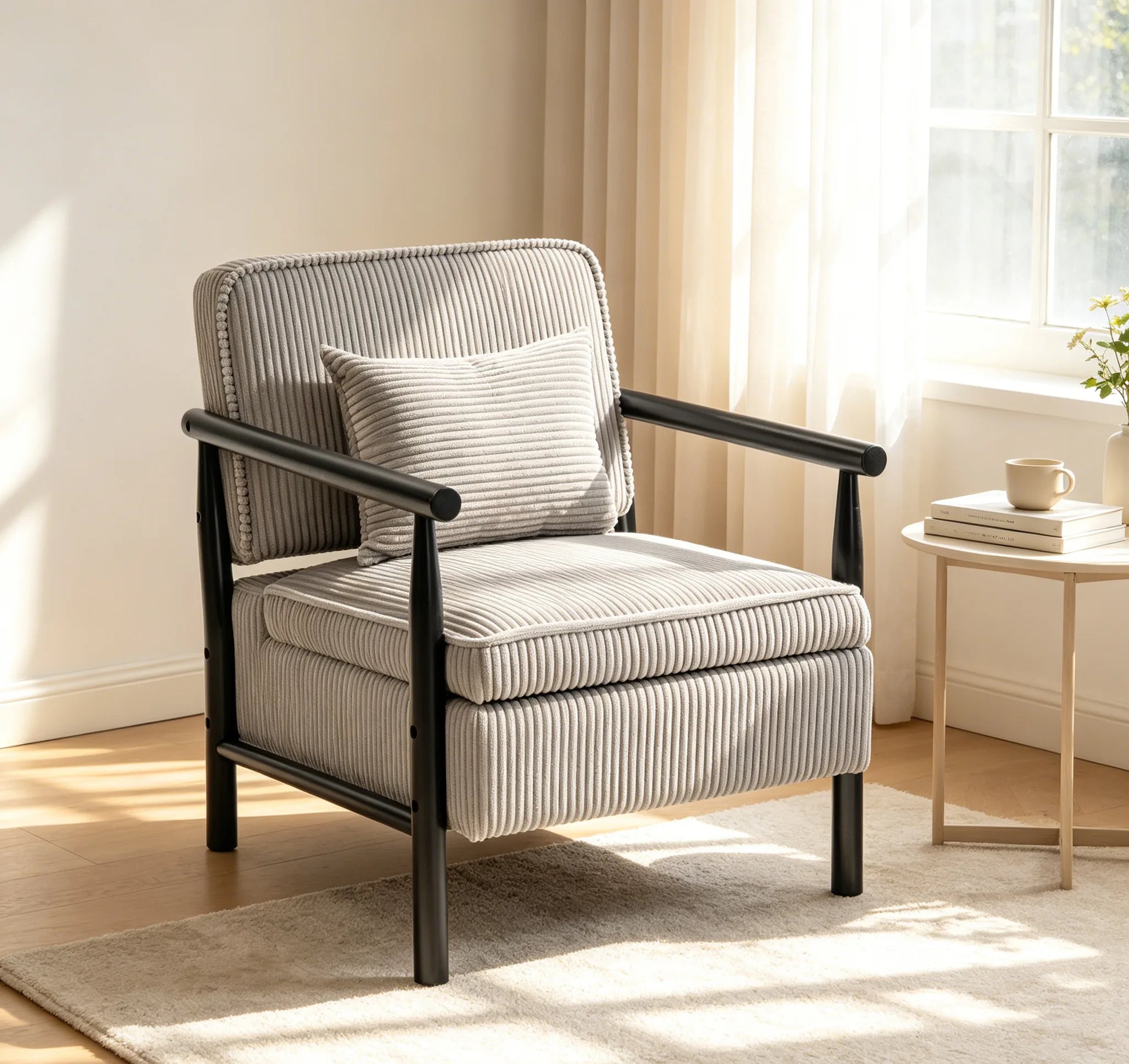Storage Chair, Mid Century Modern Accent Chair with Solid Wood Frame, Upholstered Living Room Chairs with Waist Cushion, Reading Armchair for Bedroom Sunroom detail view 37