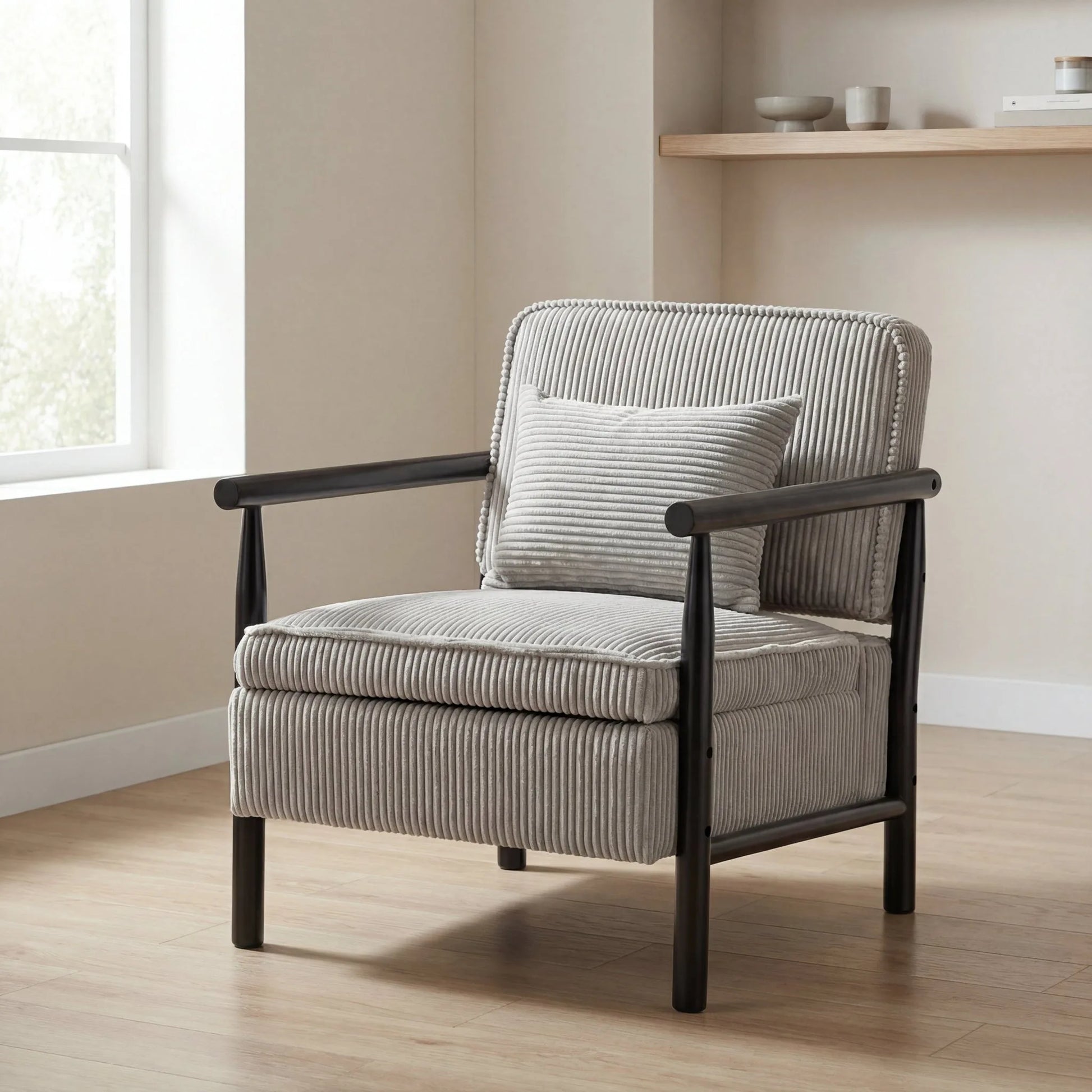 Storage Chair, Mid Century Modern Accent Chair with Solid Wood Frame, Upholstered Living Room Chairs with Waist Cushion, Reading Armchair for Bedroom Sunroom detail view 38