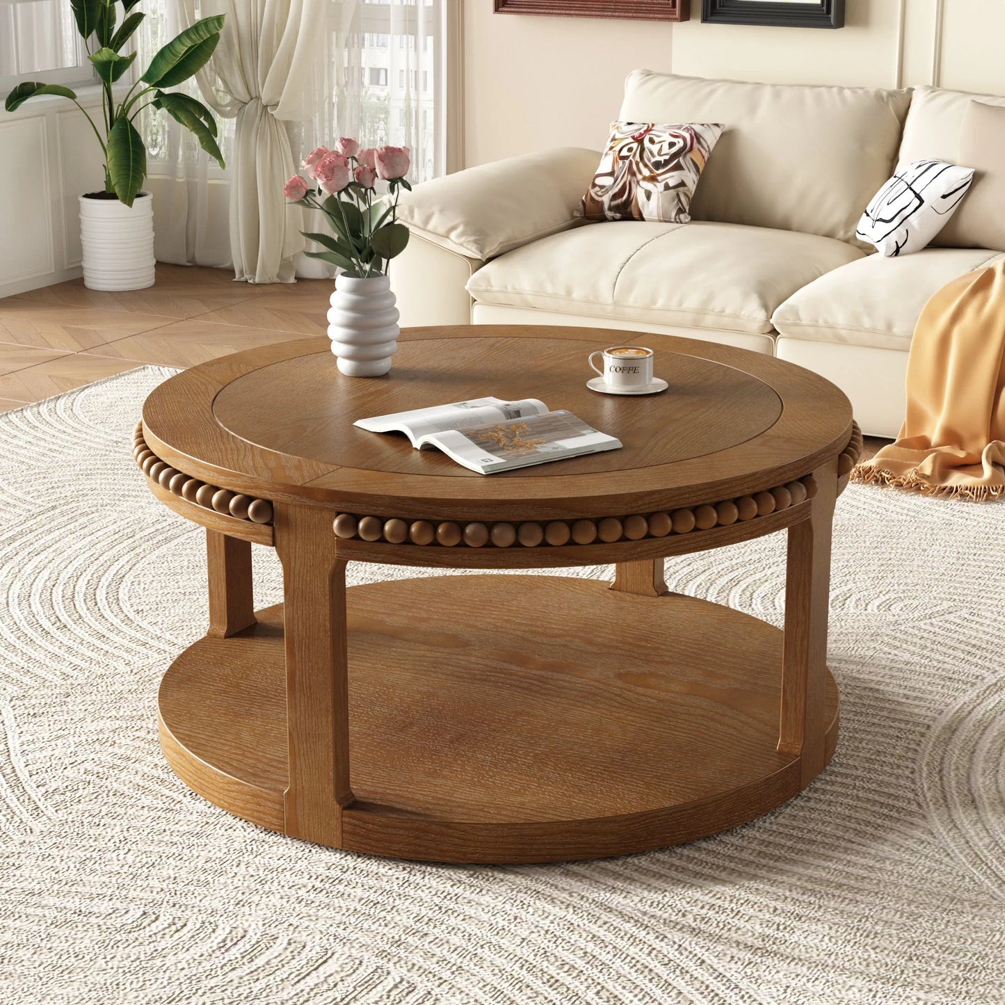 31.5 Inch Round Solid Wood Coffee Table & Sofa Table - Two-Tier Thickened Top, Sturdy Legs, Circle Table for Living Room (Walnut) lifestyle view