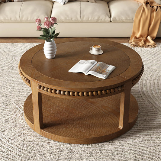 31.5 Inch Round Solid Wood Coffee Table & Sofa Table - Two-Tier Thickened Top, Sturdy Legs, Circle Table for Living Room (Walnut) detail view 2