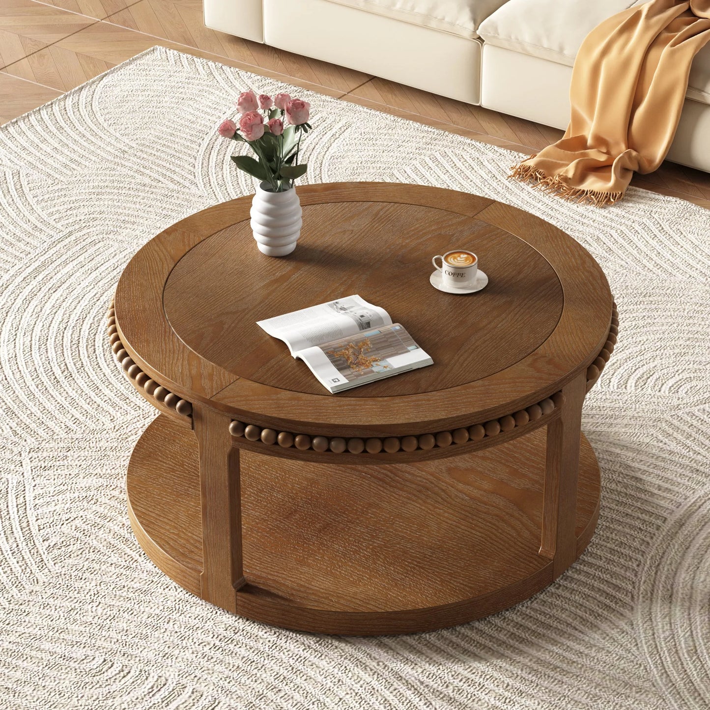 31.5 Inch Round Solid Wood Coffee Table & Sofa Table - Two-Tier Thickened Top, Sturdy Legs, Circle Table for Living Room (Walnut) detail view 3