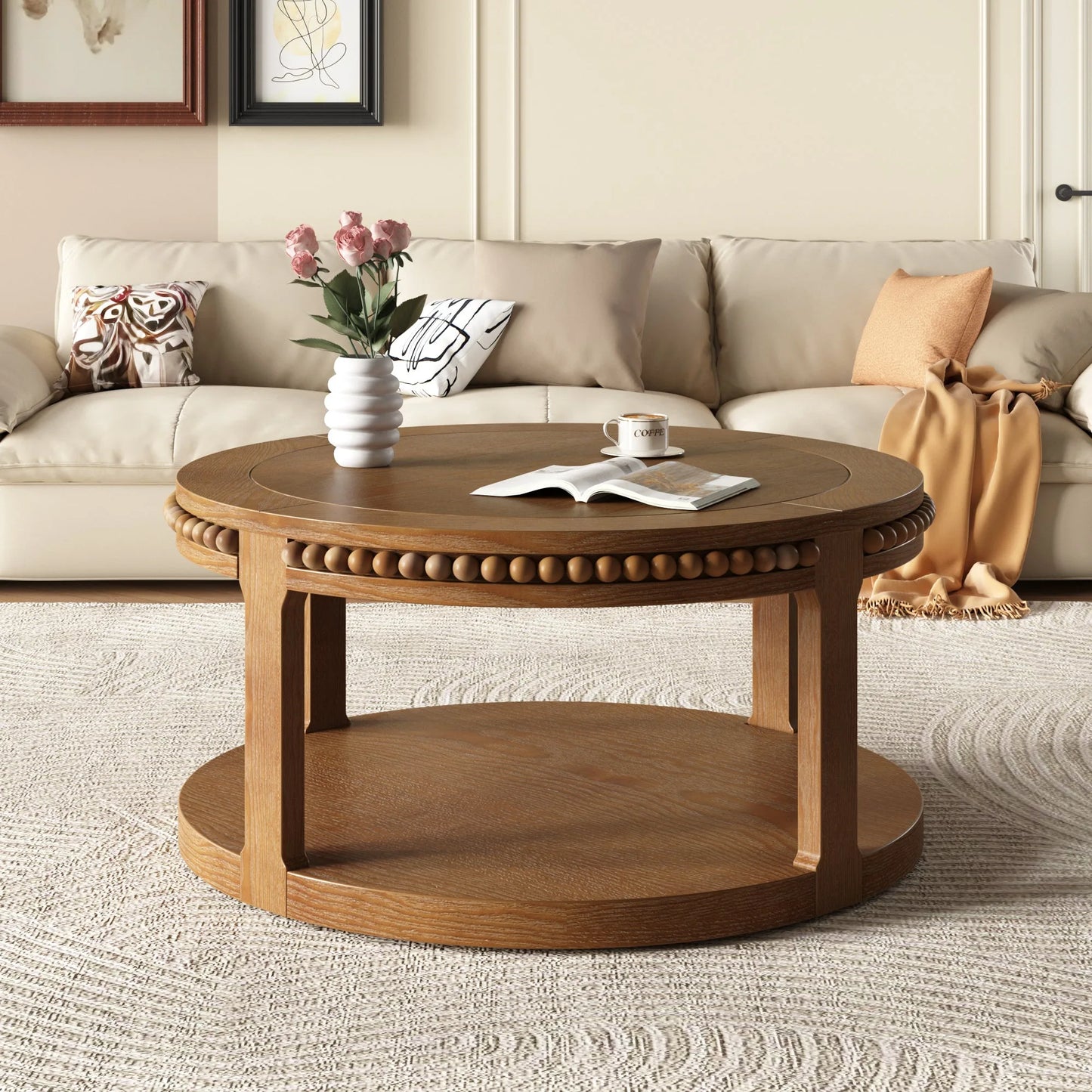 31.5 Inch Round Solid Wood Coffee Table & Sofa Table - Two-Tier Thickened Top, Sturdy Legs, Circle Table for Living Room (Walnut) detail view 4