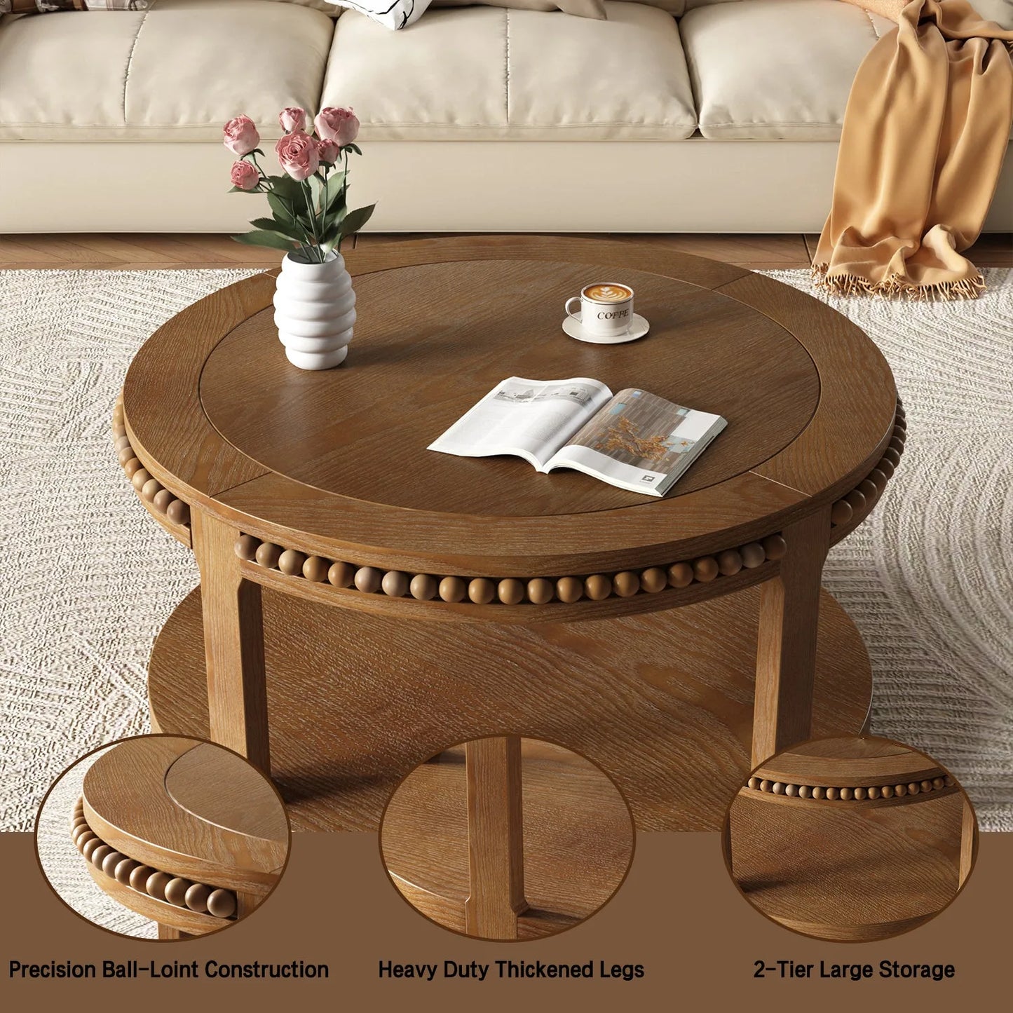 31.5 Inch Round Solid Wood Coffee Table & Sofa Table - Two-Tier Thickened Top, Sturdy Legs, Circle Table for Living Room (Walnut) detail view 5