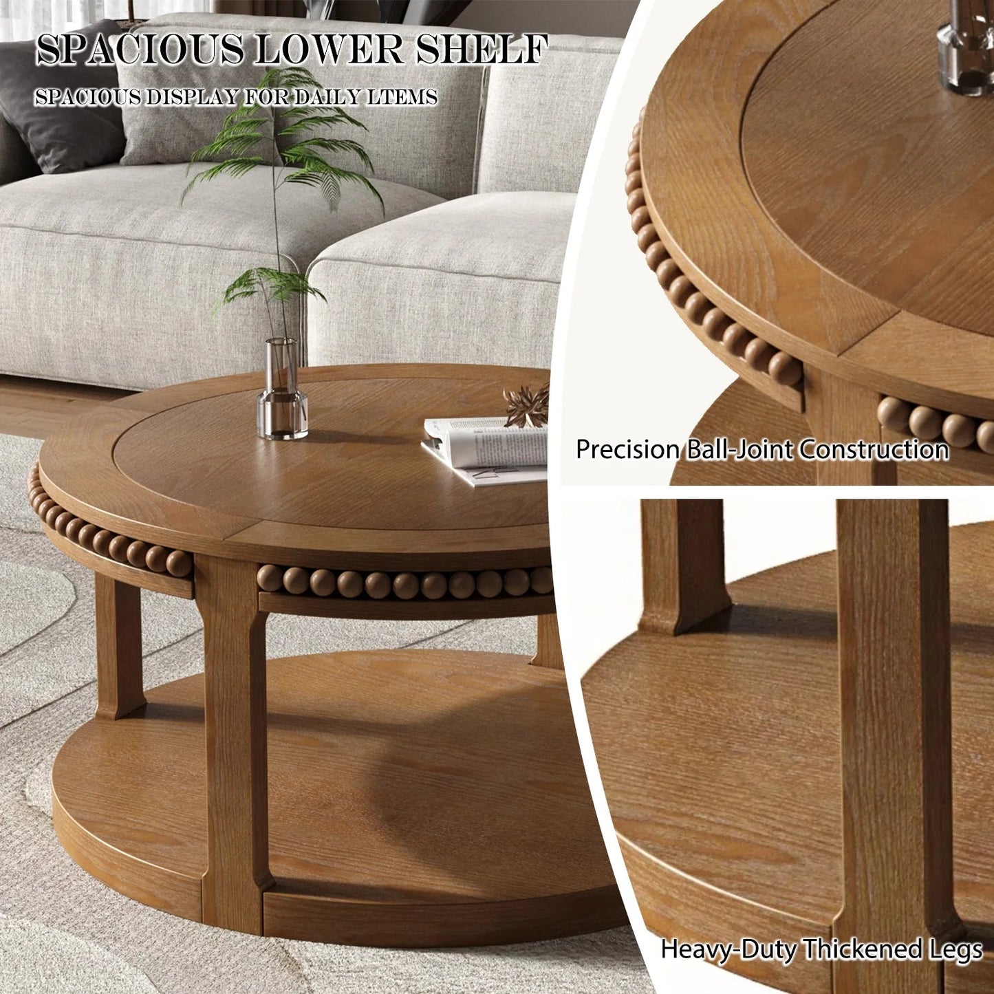 31.5 Inch Round Solid Wood Coffee Table & Sofa Table - Two-Tier Thickened Top, Sturdy Legs, Circle Table for Living Room (Walnut) detail view 6