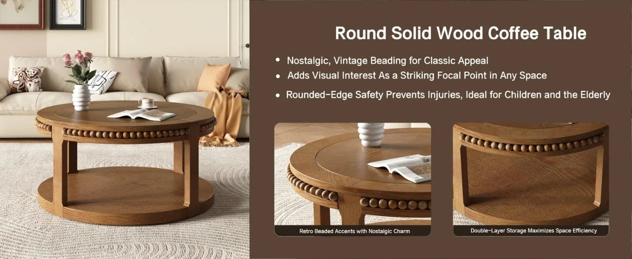 31.5 Inch Round Solid Wood Coffee Table & Sofa Table - Two-Tier Thickened Top, Sturdy Legs, Circle Table for Living Room (Walnut) detail view 7