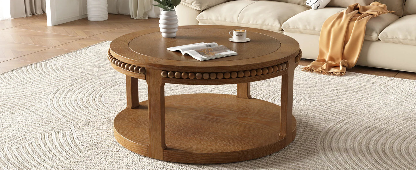 31.5 Inch Round Solid Wood Coffee Table & Sofa Table - Two-Tier Thickened Top, Sturdy Legs, Circle Table for Living Room (Walnut) detail view 8