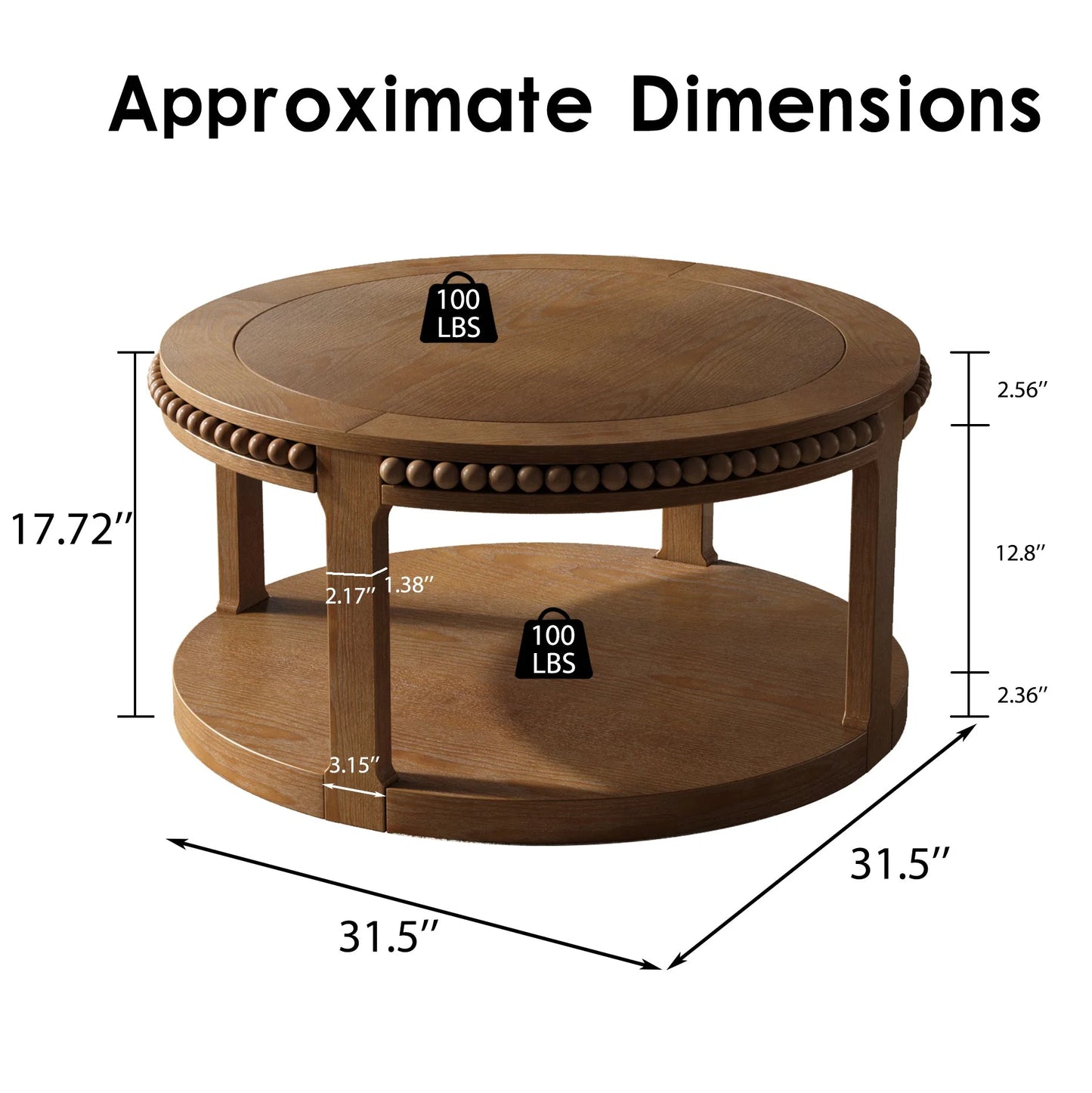 31.5 Inch Round Solid Wood Coffee Table & Sofa Table - Two-Tier Thickened Top, Sturdy Legs, Circle Table for Living Room (Walnut) detail view 9
