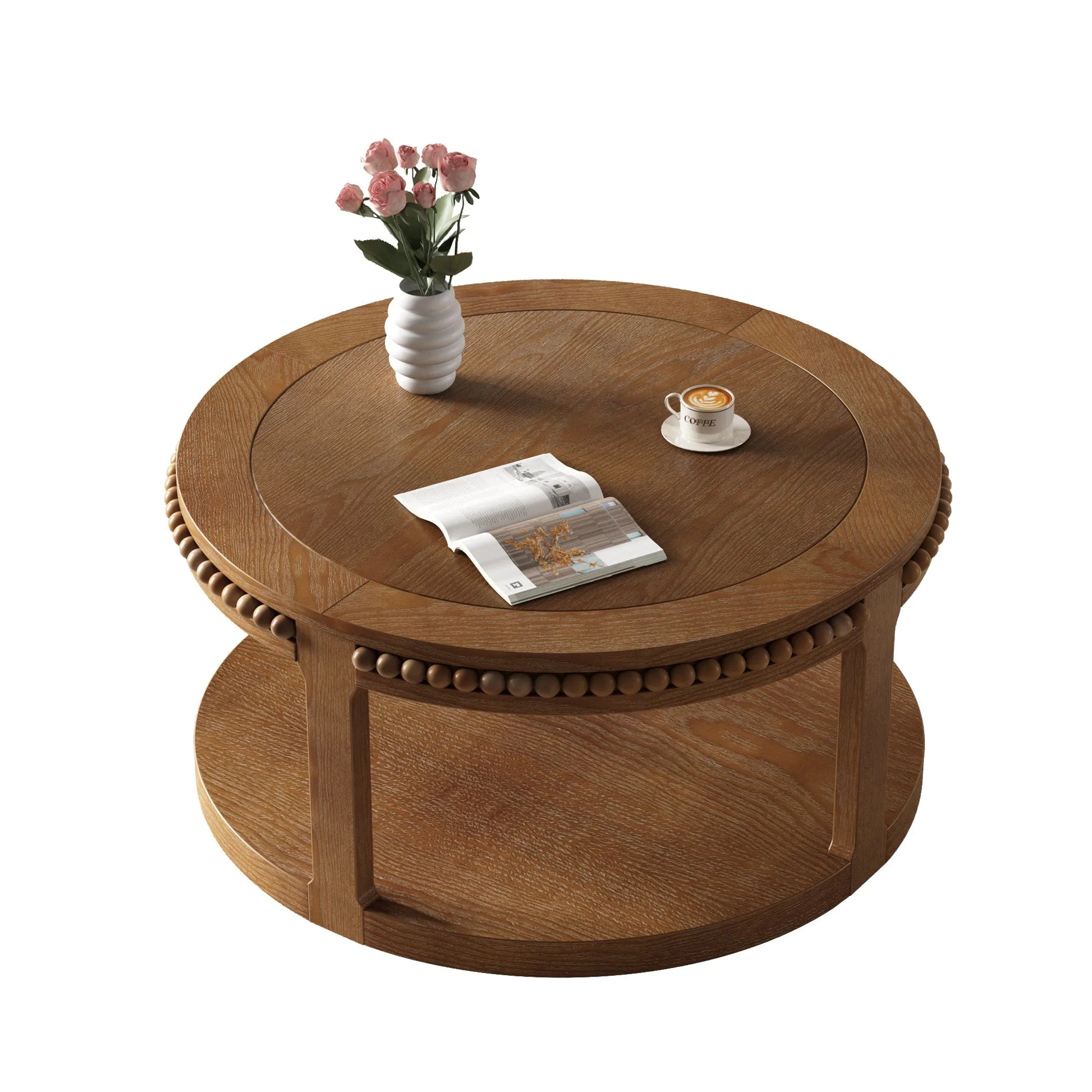 31.5 Inch Round Solid Wood Coffee Table & Sofa Table - Two-Tier Thickened Top, Sturdy Legs, Circle Table for Living Room (Walnut) detail view 10