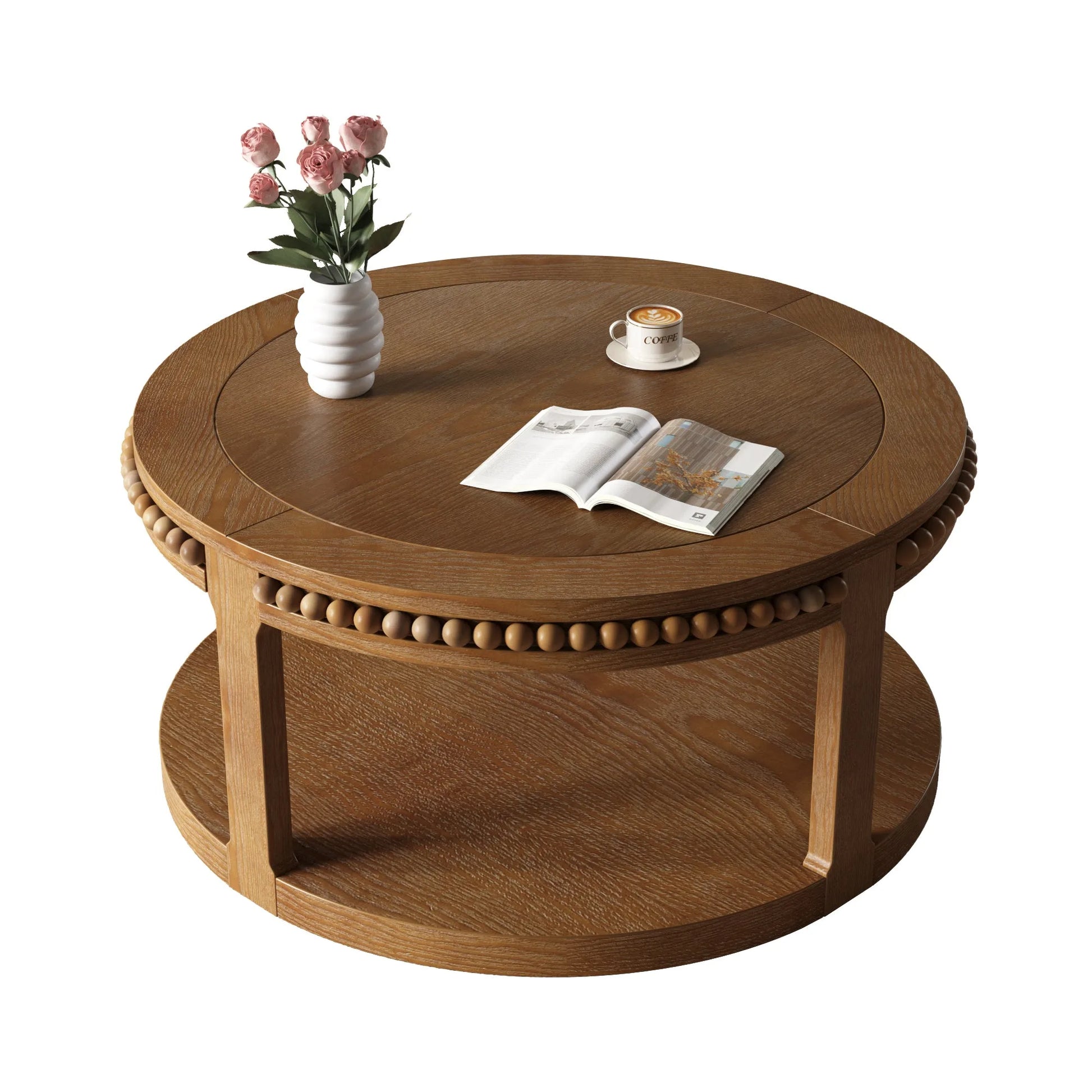31.5 Inch Round Solid Wood Coffee Table & Sofa Table - Two-Tier Thickened Top, Sturdy Legs, Circle Table for Living Room (Walnut) detail view 12