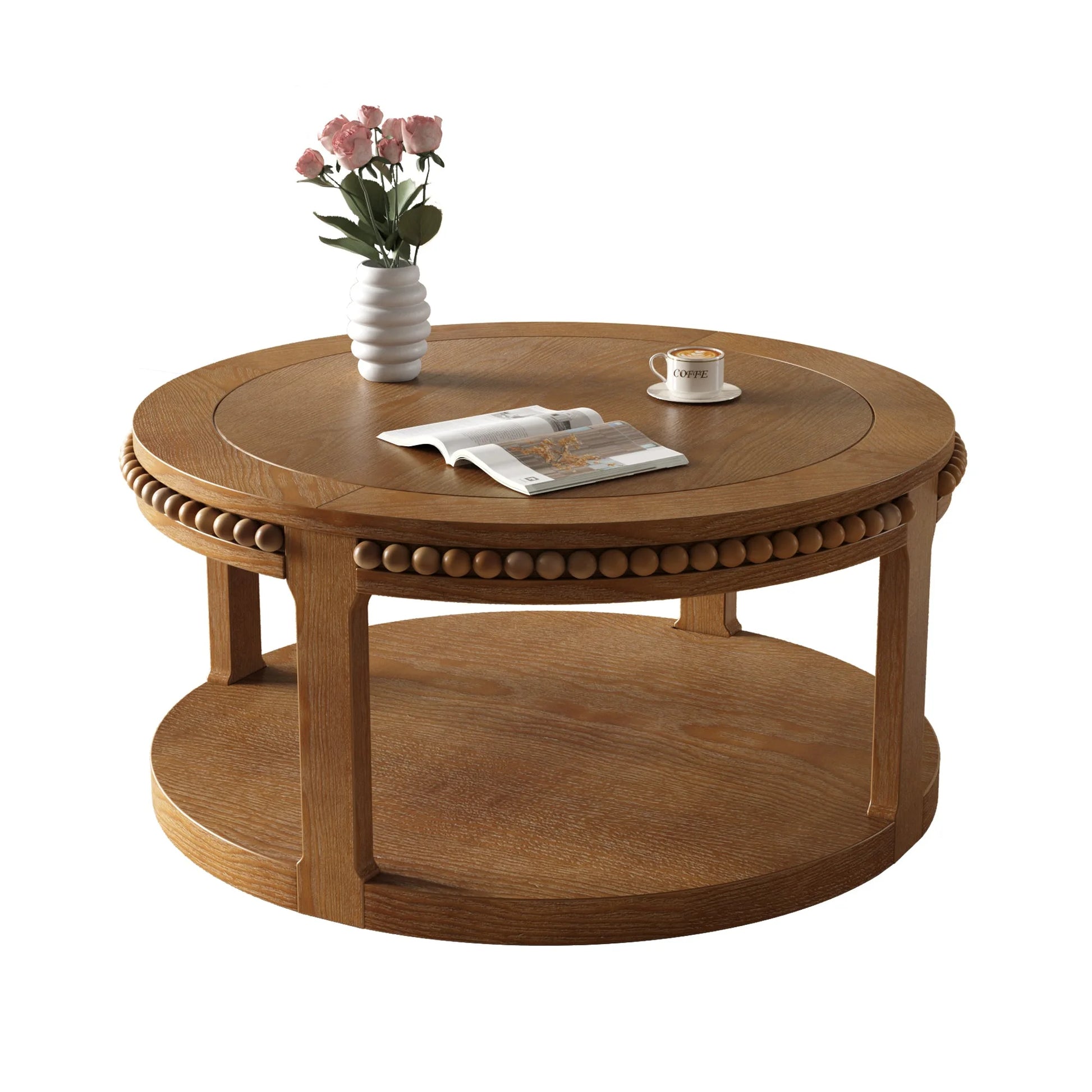 31.5 Inch Round Solid Wood Coffee Table & Sofa Table - Two-Tier Thickened Top, Sturdy Legs, Circle Table for Living Room (Walnut) detail view 13