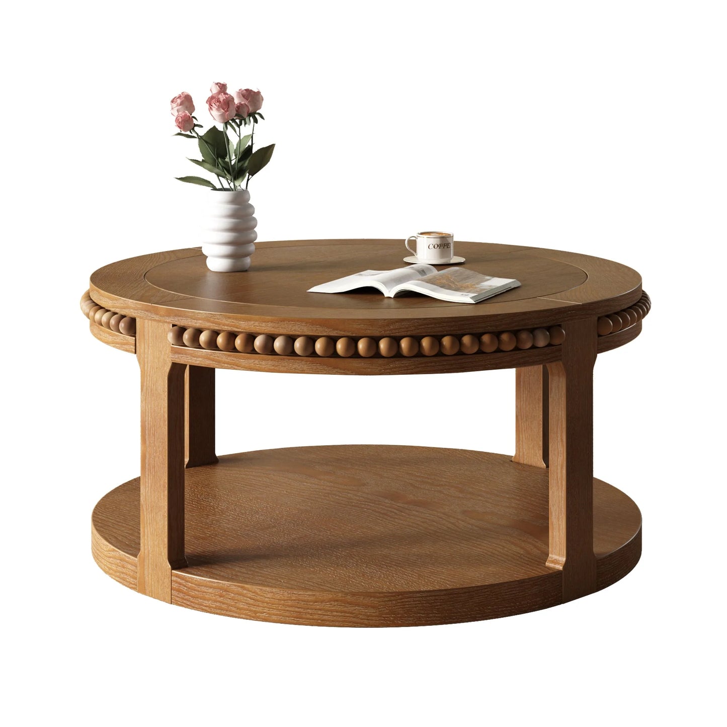 31.5 Inch Round Solid Wood Coffee Table & Sofa Table - Two-Tier Thickened Top, Sturdy Legs, Circle Table for Living Room (Walnut) detail view 14