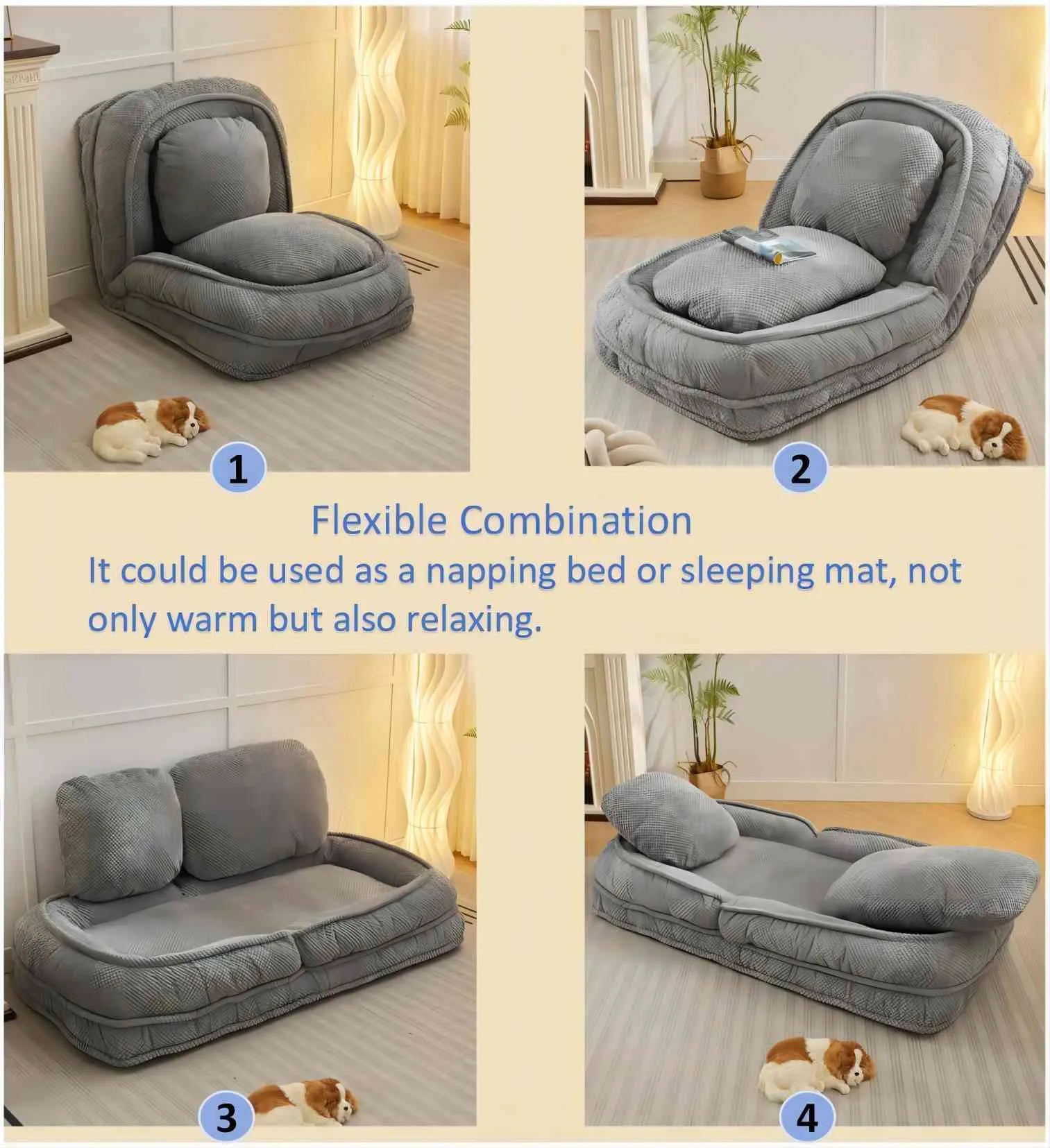 Human Dog Bed, Lazy Sofa Couch, 5 Adjustable Position, sit, sleep, fold, suit to put in bedroom, living room, Space Saving Design, Gray detail view 3