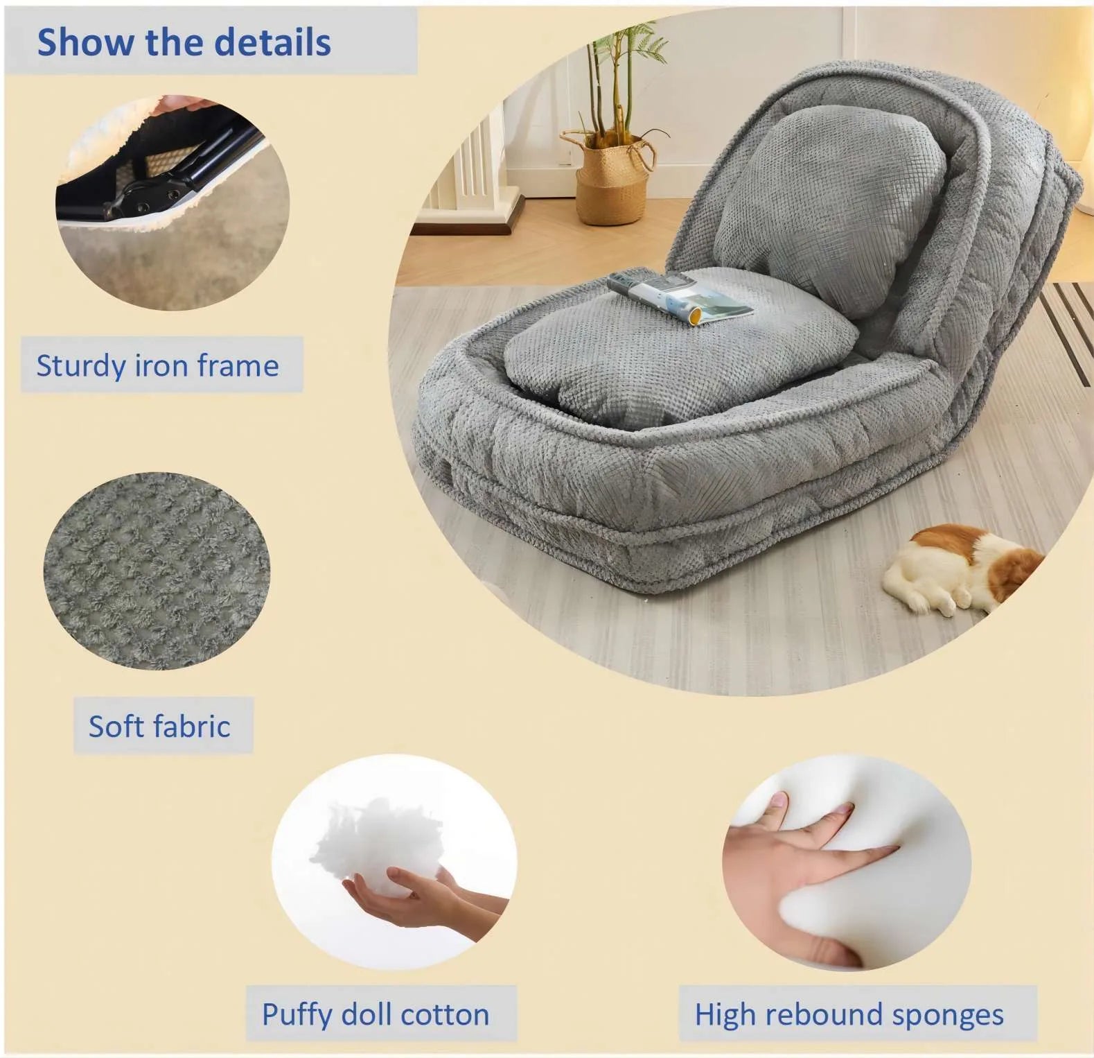 Human Dog Bed, Lazy Sofa Couch, 5 Adjustable Position, sit, sleep, fold, suit to put in bedroom, living room, Space Saving Design, Gray detail view 4