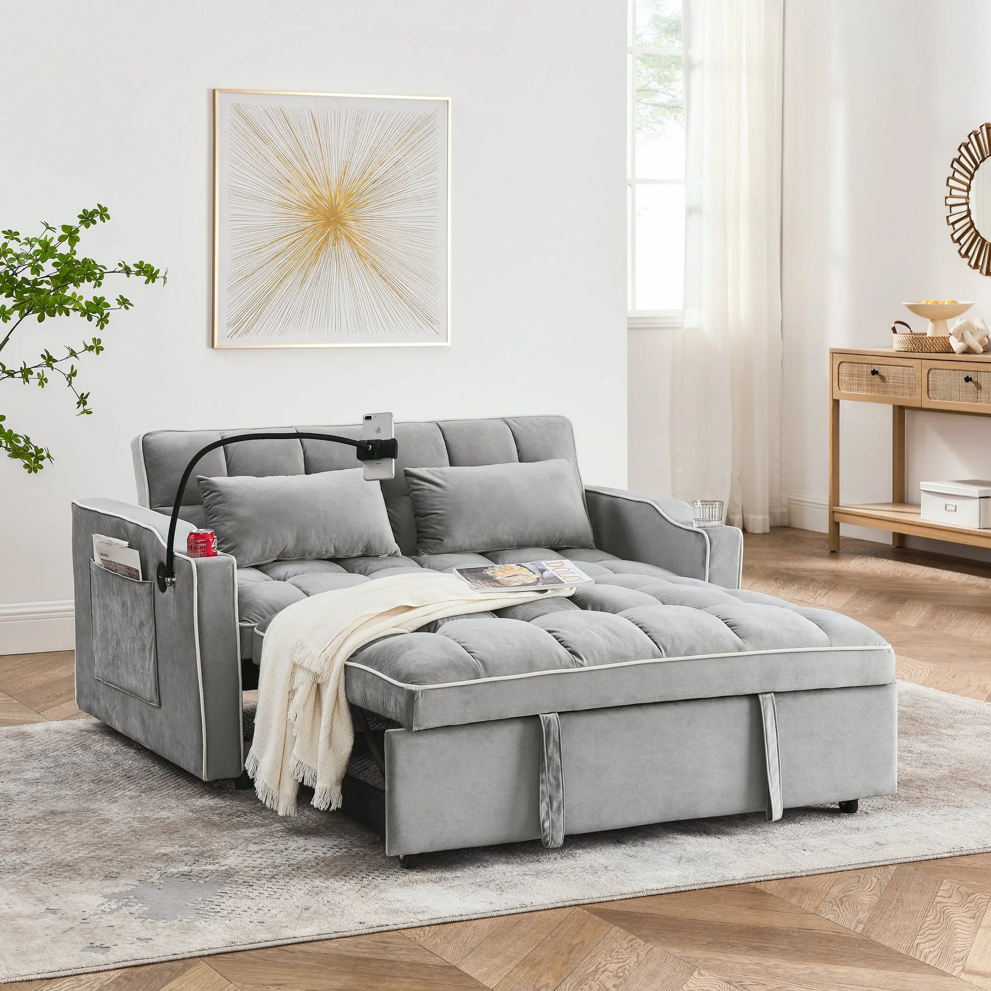 55.51 inch versatile foldable sofa bed in 3 lengths, modern sofa sofa sofa velvet pull-out bed, adjustable back and with USB port and ashtray and swivel phone stand (Grey) lifestyle view