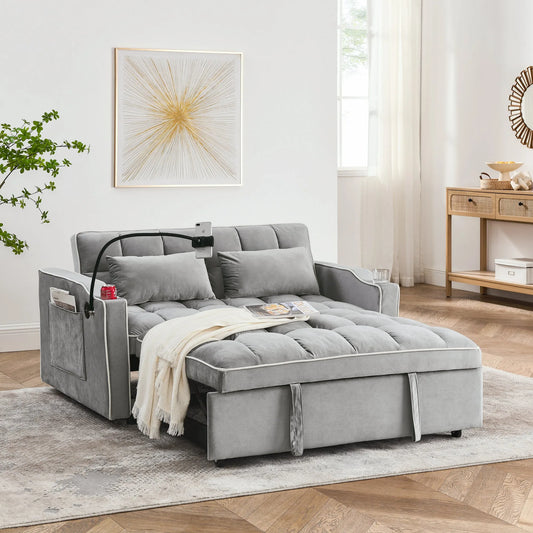 55.51 inch versatile foldable sofa bed in 3 lengths, modern sofa sofa sofa velvet pull-out bed, adjustable back and with USB port and ashtray and swivel phone stand (Grey) lifestyle view