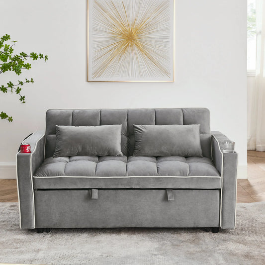 55.51 inch versatile foldable sofa bed in 3 lengths, modern sofa sofa sofa velvet pull-out bed, adjustable back and with USB port and ashtray and swivel phone stand (Grey) detail view 2