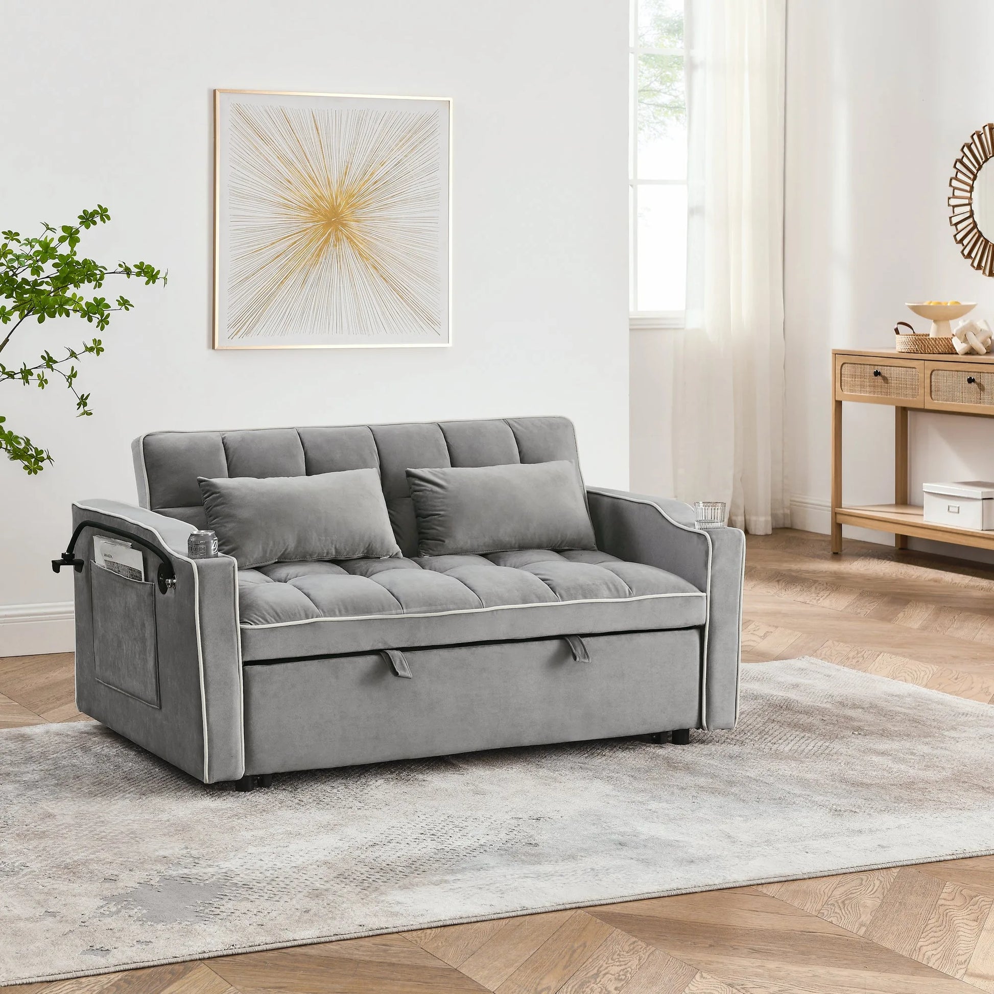 55.51 inch versatile foldable sofa bed in 3 lengths, modern sofa sofa sofa velvet pull-out bed, adjustable back and with USB port and ashtray and swivel phone stand (Grey) detail view 3