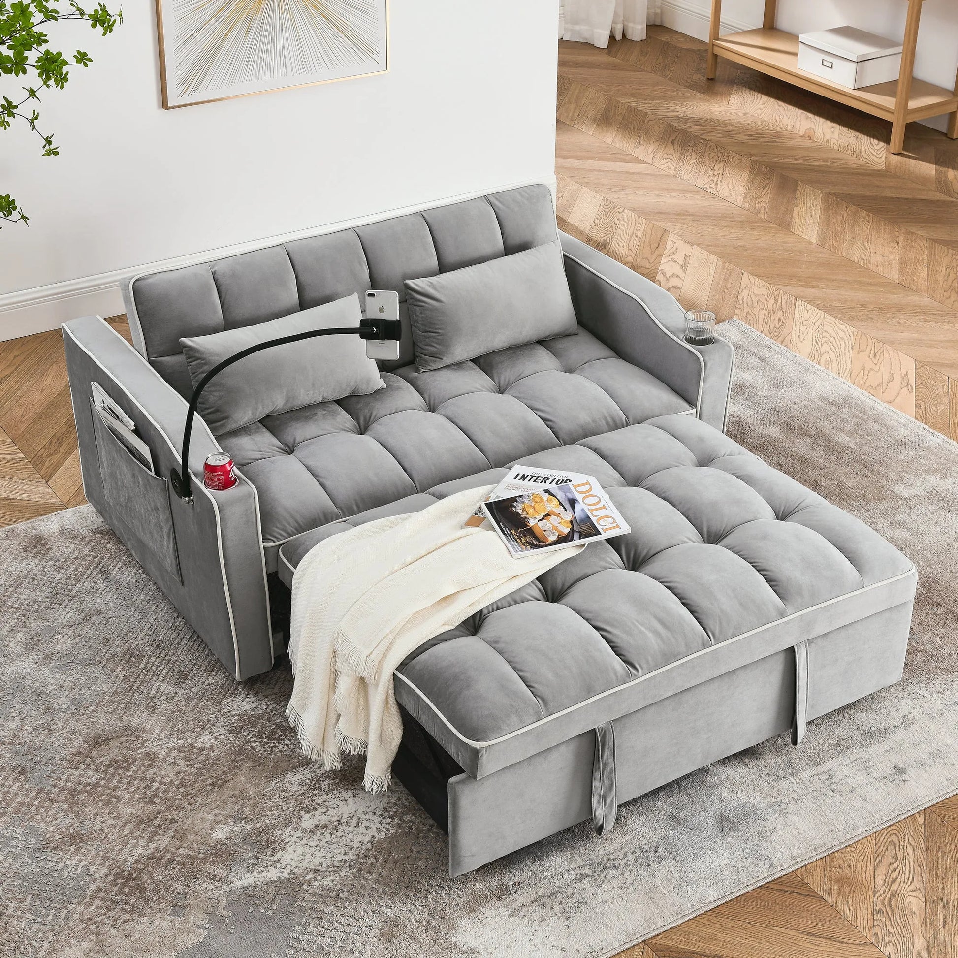 55.51 inch versatile foldable sofa bed in 3 lengths, modern sofa sofa sofa velvet pull-out bed, adjustable back and with USB port and ashtray and swivel phone stand (Grey) detail view 4