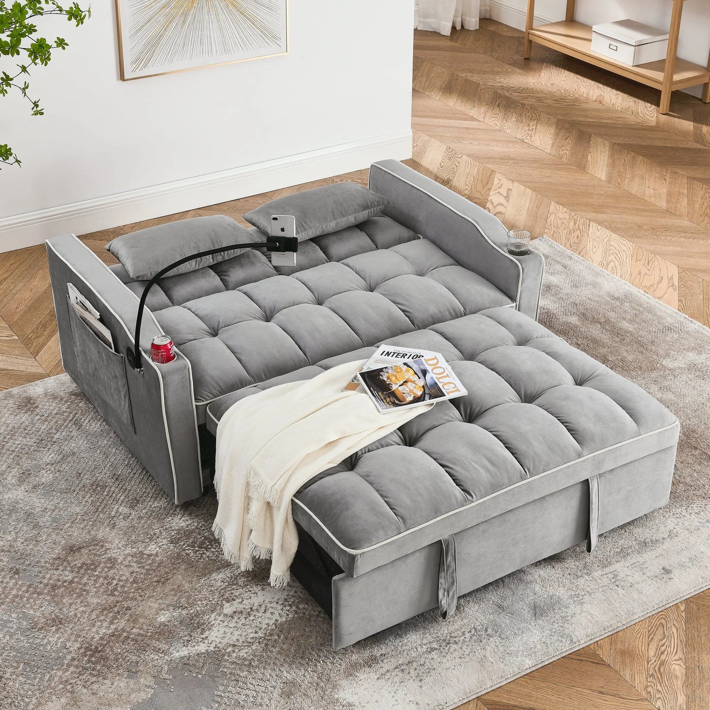 55.51 inch versatile foldable sofa bed in 3 lengths, modern sofa sofa sofa velvet pull-out bed, adjustable back and with USB port and ashtray and swivel phone stand (Grey) detail view 5